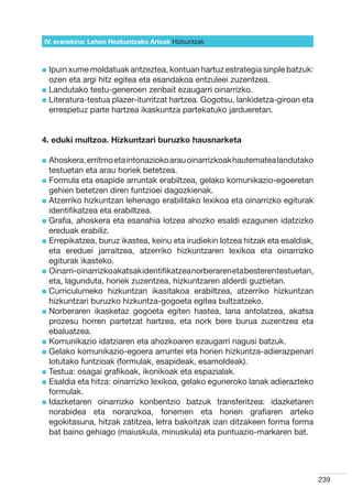 IV. eranskina: Lehen Hezkuntzako Arloak Hizkuntzak



l puin xume moldatuak antzeztea, kontuan hartuz estrategia sinple batzuk:
  I
  ozen eta argi hitz egitea eta esandakoa entzuleei zuzentzea.
l  andutako testu-generoen zenbait ezaugarri oinarrizko.
  L
l  iteratura-testua plazer-iturritzat hartzea. Gogotsu, lankidetza-giroan eta
  L
  errespetuz parte hartzea ikaskuntza partekatuko jardueretan.


4. eduki multzoa. Hizkuntzari buruzko hausnarketa

l  hoskera, erritmo eta intonazioko arau oinarrizkoak hautematea landutako
  A
  testuetan eta arau horiek betetzea.
l  ormula eta esapide arruntak erabiltzea, gelako komunikazio-egoeretan
  F
  gehien betetzen diren funtzioei dagozkienak.
l  tzerriko hizkuntzan lehenago erabilitako lexikoa eta oinarrizko egiturak
  A
  identifikatzea eta erabiltzea.
l  rafia, ahoskera eta esanahia lotzea ahozko esaldi ezagunen idatzizko
  G
  ereduak erabiliz.
l  rrepikatzea, buruz ikastea, keinu eta irudiekin lotzea hitzak eta esaldiak,
  E
  eta ereduei jarraitzea, atzerriko hizkuntzaren lexikoa eta oinarrizko
  egiturak ikasteko.
l  inarri-oinarrizko akatsak identifikatzea norberaren eta besteren testuetan,
  O
  eta, lagunduta, horiek zuzentzea, hizkuntzaren alderdi guztietan.
l  urriculumeko hizkuntzan ikasitakoa erabiltzea, atzerriko hizkuntzan
  C
  hizkuntzari buruzko hizkuntza-gogoeta egitea bultzatzeko.
l  orberaren ikasketaz gogoeta egiten hastea, lana antolatzea, akatsa
  N
  prozesu horren partetzat hartzea, eta nork bere burua zuzentzea eta
  ebaluatzea.
l  omunikazio idatziaren eta ahozkoaren ezaugarri nagusi batzuk.
  K
l  elako komunikazio-egoera arruntei eta horien hizkuntza-adierazpenari
  G
  lotutako funtzioak (formulak, esapideak, esamoldeak).
l  estua: osagai grafikoak, ikonikoak eta espazialak.
  T
l  saldia eta hitza: oinarrizko lexikoa, gelako eguneroko lanak adierazteko
  E
  formulak.
l dazketaren oinarrizko konbentzio batzuk transferitzea: idazketaren
  I
  norabidea eta noranzkoa, fonemen eta horien grafiaren arteko
  egokitasuna, hitzak zatitzea, letra bakoitzak izan ditzakeen forma forma
  bat baino gehiago (maiuskula, minuskula) eta puntuazio-markaren bat.




                                                                                  239
 