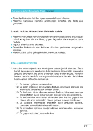 IV. eranskina: Lehen Hezkuntzako Arloak Hizkuntzak



l  tzerriko
  A         hizkuntza hainbat egoeratan erabiltzeko interesa.
l  tzerriko hizkuntza ikasteko ahalmenean sinestea eta talde-lana
  A
  gustatzea.


5. eduki multzoa. Hizkuntzaren dimentsio soziala

l  tzerriko hizkuntzan komunikatzerakoan harreman sozialeko arau nagusi
  A
  batzuk ezagutzea eta erabiltzea, gogoz, lagunduz eta errespetuz parte
  hartuta.
l ngurua eleanitza dela ohartzea.
  I
l  estelako hizkuntzak eta kulturak dituzten pertsonak ezagutzeko
  B
  interesa.
l  izkuntza bat baino gehiago erabiltzea ontzat hartzea.
  H



EBALUAZIO IRIZPIDEAK

1.-  hozko testu sinpleak eta testuinguru batean jarriak ulertzea. Testu
    A
    horiek lotura zuzena izan behar dute ikaslearen bizipenekin eta gelako
    jarduera arruntekin, eta ohiko generoak landu behar dituzte. Horrekin
    batera, testu horien informazio garrantzitsua bereiztea eta ulertutakoa
    beste egoera batzuetan aplikatzea.   

     1.1.  a testuko gaia antzematen duen.
          E
     1.2.  a gelan erabili ohi diren ahozko testuen informazio orokorra eta
          E
          informazio zehatz batzuk ulertzen dituen.
     1.3.  a testuaren oinarrizko elementuen (lexikoa, lokuzioak) zentzua
          E
          interpretatzen duen, beharrezkoak direnak testu osoa ulertzeko.
     1.4.  a entzundako testu baten oinarrizko ideia batzuk gogoratzen
          E
          dituen, eta ahoz adierazten dituen, galdera zuzenei erantzunez.
     1.5.  a jasotako informazioa erabiltzen duen jarduerak egiteko,
          E
          banakako edo taldekako ikas-ekintzetan.
     1.6.  a emandako aginduei edo jarraibideei jarraitzen dien, jarduerak
          E
          egiteko.
     1.7.  a gogoz entzuteko jarrera daukan.
          E




                                                                               240
 