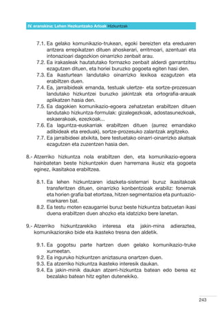 IV. eranskina: Lehen Hezkuntzako Arloak Hizkuntzak



    7.1.  a gelako komunikazio-trukean, egoki bereizten eta ereduaren
         E
         antzera errepikatzen dituen ahoskerari, erritmoari, azentuari eta
         intonazioari dagozkion oinarrizko zenbait arau.
    7.2.  a irakasleak hautatutako formazko zenbait alderdi garrantzitsu
         E
         ezagutzen dituen, eta horiei buruzko gogoeta egiten hasi den.
    7.3.  a ikasturtean landutako oinarrizko lexikoa ezagutzen eta
         E
         erabiltzen duen.
    7.4.  a, jarraibideak emanda, testuak ulertze- eta sortze-prozesuan
         E
         landutako hizkuntzei buruzko jakintzak eta ortografia-arauak
         aplikatzen hasia den.
    7.5.  a dagokien komunikazio-egoera zehatzetan erabiltzen dituen
         E
         landutako hizkuntza-formulak: gizalegezkoak, adostasunezkoak,
         eskaerakoak, ezezkoak...  
    7.6.  a laguntza-euskarriak erabiltzen dituen (aurrez emandako
         E
         adibideak eta ereduak), sortze-prozesuko zalantzak argitzeko.
    7.7.  a jarraibideei atxikita, bere testuetako oinarri-oinarrizko akatsak
         E
         ezagutzen eta zuzentzen hasia den.

8.-  tzerriko hizkuntza nola erabiltzen den, eta komunikazio-egoera
    A
    hainbatetan beste hizkuntzekin duen harremana ikusiz eta gogoeta
    eginez, ikasitakoa erabiltzea.

    8.1.  a lehen hizkuntzaren idazketa-sistemari buruz ikasitakoak
         E
         transferitzen dituen, oinarrizko konbentzioak erabiliz: fonemak
         eta horien grafia bat etortzea, hitzen segmentazioa eta puntuazio-
         markaren bat.
    8.2.  a testu moten ezaugarriei buruz beste hizkuntza batzuetan ikasi
         E
         duena erabiltzen duen ahozko eta idatzizko bere lanetan.

9.-  tzerriko hizkuntzarekiko interesa eta jakin-mina
    A                                                             adieraztea,
    komunikaziorako bide eta ikasteko tresna den aldetik.

    9.1.  a gogotsu parte hartzen duen gelako komunikazio-truke
         E
         xumeetan.
    9.2.  a inguruko hizkuntzen aniztasuna onartzen duen.
         E
    9.3.  a atzerriko hizkuntza ikasteko interesik daukan.
         E
    9.4.  a jakin-minik daukan atzerri-hizkuntza batean edo berea ez
         E
         bezalako batean hitz egiten dutenekiko.



                                                                                 243
 