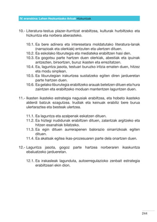 IV. eranskina: Lehen Hezkuntzako Arloak Hizkuntzak



10.-  iteratura-testua plazer-iturritzat erabiltzea, kulturak hurbiltzeko eta
     L
     hizkuntza eta norbera aberasteko.

    10.1.  a bere adinera eta interesetara moldatutako literatura-lanak
          E
          (narrazioak eta olerkiak) entzuten eta ulertzen dituen.
    10.2.  a eskolako liburutegia eta mediateka erabiltzen hasi den.
          E
    10.3.  a gogotsu parte hartzen duen olerkiak, abestiak eta ipuinak
          E
          antzezten, birsortzen, buruz ikasten eta errezitatzen.
    10.4.  a, laguntza jasota, testuari buruzko iritzia ematen duen, hitzez
          E
          eta modu sinplean.
    10.5.  a liburutegian irakurtzea sustatzeko egiten diren jardueretan
          E
          parte hartzen duen.
    10.6.  a gelako liburutegia erabiltzeko arauak betetzen dituen eta hura
          E
          zaintzen eta erabiltzeko moduan mantentzen laguntzen duen.

11.- kasten ikasteko estrategia nagusiak erabiltzea, eta hobeto ikasteko
     I
     alderdi batzuk ezagutzea. Irudiak eta keinuak erabiliz bere burua
     ulertaraztea eta besteak ulertzea.

    11.1.  a laguntza eta azalpenak eskatzen dituen.
          E
    11.2.  a hiztegi irudidunak erabiltzen dituen, zalantzak argitzeko eta
          E
          hitzen esanahiak bilatzeko.
    11.3.  a egin dituen aurrerapenen balorazio oinarrizkoak egiten
          E
          dituen.
    11.4.  a akatsak egitea ikas-prozesuaren parte dela onartzen duen.
          E

12.-  aguntza jasota, gogoz parte hartzea norberaren ikaskuntza
     L
     ebaluatzeko jardueretan.

    12.1.  a irakasleak lagunduta, autoerregulazioko zenbait estrategia
          E
          erabiltzeari ekin dion.




                                                                                 244
 