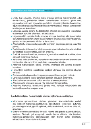 IV. eranskina: Lehen Hezkuntzako Arloak Hizkuntzak



l  redu
  E        bat emanda, ahozko testu errazak sortzea (bakarrizketak edo
  elkarrizketak), pertsonen arteko harremanetan erabiliak, gelan edo
  eguneroko bizitzako egoeretan gertatzen direnak: jolaseko harremana,
  eguneroko bizitzako gertaerei buruzko informazioak, iritziak, jarraibideak
  eta bizipenen kontaketa.
l  aguntza jasota, gizarte-hedabideetan ohikoak diren ahozko testu labur
  L
  eta errazak sortzea: albisteak, elkarrizketak.
l  aguntzarekin, ahozko testu errazak sortzea, ikasteko eta informazioa
  L
  eskuratzeko: berdinen arteko eta lan-taldeko elkarrizketak, deskribapenak,
  gelako aurkezpenak eta iritzien adierazpena.
l  hozko testu errazen edukiaren eta formaren plangintza egitea, laguntza
  A
  jasota.
l  autei jarraiki, informazioa bilatzea aurrez emandako iturritan, eta edukiak
  P
  aukeratzea eta antolatzea, gidoiak erabilita.  
l  dukiak testuan kokatzea, aurrez ezagunak diren ereduak eta hizkuntza-
  E
  egiturak oinarritzat hartuta.
l  arraibide batzuei atxikirik, norberaren testuetako oinarrizko elementuak
  J
  berrikustea eta zuzentzea, sortutako testuak hobetzeko.
l  tzerriko hizkuntzaren soinu, erritmo, intonazio eta azentu bereziak
  A
  imitatzea.
l  izkuntzak ikasteko estrategiak erabiliz ulertzea eta sortzea ahozko
  H
  testuak.
l  roposatutako komunikazio-egoeren oinarrizko ezaugarri batzuk.
  P
l  andutako ahozko testu-generoen zenbait ezaugarri oinarrizko.
  L
l  hozko harreman-arauei balioa ematea eta errespetatzea.
  A
l  hoskera eta intonazio egokiz hitz egiteko interesa izatea.
  A
l  tzerriko hizkuntza erabiltzeko jarrera ona, hainbat helbururekin eta
  A
  hainbat komunikazio-egoeratan.


2. eduki multzoa. Komunikazio idatzia: irakurtzea eta idaztea.

l nformazio
  I            garrantzitsua ulertzea gizartean komunikatzeko erabili
  eta ikasleen hizkuntza-gaitasunera egokitutako testuetan: gutunak,
  jarduera-egitarauak, gonbidapenak, zorione-txartelak, oharrak, abisuak,
  araudiak...
l  izarte-komunikabideetako testuak, haurrei eta gazteei zuzendutakoak,
  G
  ulertzea. Testuek gai ezagunak jorratu behar dituzte, eta ikasleen
  hizkuntza-gaitasunera egokitutakoak izan behar dute: albisteak,
  elkarrizketak, informazio-artikuluak.

                                                                                  246
 