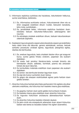 IV. eranskina: Lehen Hezkuntzako Arloak Hizkuntzak



5.- nformazio esplizitua aurkitzea eta hautatzea, irakurketaren helburua,
    I
    aurrez ezarritakoa, betetzeko.

    5.1.  a, informazioa aurkitzeko orduan, hizkuntzarenak diren eta ez
         E
         diren osagaiak erabiltzen dituen: irudiak, testuaren banaketa,
         letra mota, aurkibideak...
    5.2.  a, jarraibideak betez, informazio esplizitua hautatzen duen,
         E
         eskolako testuen irakurketa-helbururako adierazgarria den
         neurrian.
    5.3.  a estrategia sinpleak erabiltzen dituen, testuak irakurtzerakoan
         E
         zalantzak argitzeko.

6.- kaslearen inguruko gizarte-esparruetan eta eskola-esparruan erabilitako
    I
    testu idatzi erraz eta laburrak, genero askotakoak, sortzea, testuak
    sortzeko prozesuko urratsak eginez, lagunduta: plangintza egitea,
    idaztea eta berrikustea.

    6.1.  a, ereduez lagunduta, testu sinpleak idazten ditun gai ezagunei
         E
         buruz, aurrez gidoia finkatu ondoren, paperean eta euskarri
         digitalean.
    6.2.  a eredu bati jarraituz literatura-testu xumeak birsortu eta
         E
         berridazten dituen; adibidez, komikiak, poema eta antzezlan
         txikiak eta ipuin laburrak.
    6.3.  a kontsultako materiala erabiltzen duen paperean eta euskarri
         E
         digitalean.
    6.4.  a sortze- eta berrikuste-lanetan laguntzen duen.
         E
    6.5.  a argi eta txukun aurkezten duen testua.
         E
    6.6.  a gogoz eta ekarpen eraikitzaileak eginez parte hartzen duen
         E
         gelako lanetan.

7.-  tzerriko hizkuntza hainbat jatorritako pertsonekin hitz egiteko eta elkar
    A
    ulertzeko erabiltzea, eta hizkuntza hori ikasteko tresna gisa erabiltzea.

    7.1.  a gogotsu hartzen duen parte gelako komunikazio-trukean.
         E
    7.2.  a ikasteko tresna gisa erabiltzen duen atzerriko hizkuntza.
         E
    7.3.  a inguruko hizkuntzen aniztasuna aberastasuntzat hartzen
         E
         duen.
    7.4.  a atzerriko hizkuntza ikasteko interesik daukan.
         E
    7.5.  a jakin-minik eta errespeturik adierazten duen atzerri-hizkuntza
         E
         batean edo berea ez bezalako batean hitz egiten dutenekiko.

                                                                                  253
 