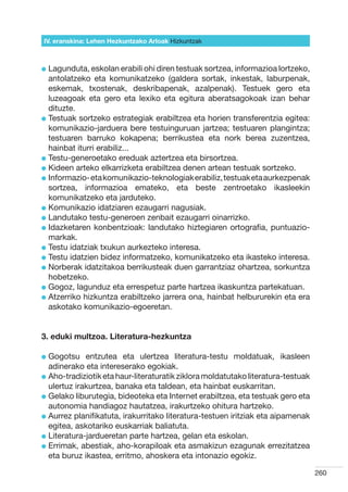 IV. eranskina: Lehen Hezkuntzako Arloak Hizkuntzak



l  agunduta, eskolan erabili ohi diren testuak sortzea, informazioa lortzeko,
  L
  antolatzeko eta komunikatzeko (galdera sortak, inkestak, laburpenak,
  eskemak, txostenak, deskribapenak, azalpenak). Testuek gero eta
  luzeagoak eta gero eta lexiko eta egitura aberatsagokoak izan behar
  dituzte.
l  estuak sortzeko estrategiak erabiltzea eta horien transferentzia egitea:
  T
  komunikazio-jarduera bere testuinguruan jartzea; testuaren plangintza;
  testuaren barruko kokapena; berrikustea eta nork berea zuzentzea,
  hainbat iturri erabiliz...
l  estu-generoetako ereduak aztertzea eta birsortzea.
  T
l  ideen arteko elkarrizketa erabiltzea denen artean testuak sortzeko.
  K
l nformazio- eta komunikazio-teknologiak erabiliz, testuak eta aurkezpenak
  I
  sortzea, informazioa emateko, eta beste zentroetako ikasleekin
  komunikatzeko eta jarduteko.
l  omunikazio idatziaren ezaugarri nagusiak.
  K
l  andutako testu-generoen zenbait ezaugarri oinarrizko.
  L
l dazketaren konbentzioak: landutako hiztegiaren ortografia, puntuazio-
  I
  markak.
l  estu idatziak txukun aurkezteko interesa.
  T
l  estu idatzien bidez informatzeko, komunikatzeko eta ikasteko interesa.
  T
l  orberak idatzitakoa berrikusteak duen garrantziaz ohartzea, sorkuntza
  N
  hobetzeko.
l  ogoz, lagunduz eta errespetuz parte hartzea ikaskuntza partekatuan.
  G
l  tzerriko hizkuntza erabiltzeko jarrera ona, hainbat helbururekin eta era
  A
  askotako komunikazio-egoeretan.


3. eduki multzoa. Literatura-hezkuntza

l  ogotsu
  G           entzutea eta ulertzea literatura-testu moldatuak, ikasleen
  adinerako eta intereserako egokiak.
l  ho-tradiziotik eta haur-literaturatik ziklora moldatutako literatura-testuak
  A
  ulertuz irakurtzea, banaka eta taldean, eta hainbat euskarritan.
l  elako liburutegia, bideoteka eta Internet erabiltzea, eta testuak gero eta
  G
  autonomia handiagoz hautatzea, irakurtzeko ohitura hartzeko.
l  urrez planifikatuta, irakurritako literatura-testuen iritziak eta aipamenak
  A
  egitea, askotariko euskarriak baliatuta.
l  iteratura-jardueretan parte hartzea, gelan eta eskolan.  
  L
l  rrimak, abestiak, aho-korapiloak eta asmakizun ezagunak errezitatzea
  E
  eta buruz ikastea, erritmo, ahoskera eta intonazio egokiz.

                                                                                   260
 