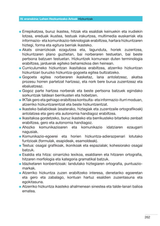 IV. eranskina: Lehen Hezkuntzako Arloak Hizkuntzak



l  rrepikatzea,
  E              buruz ikastea, hitzak eta esaldiak keinuekin eta irudiekin
  lotzea, ereduak ikustea, testuak irakurtzea, multimedia euskarriak eta
  informazio- eta komunikazio-teknologiak erabiltzea, hartara hizkuntzaren
  hiztegi, forma eta egitura berriak ikasteko.
l  kats oinarrizkoak ezagutzea eta, lagunduta, horiek zuzentzea,
  A
  hizkuntzaren plano guztietan, bai norberaren testuetan, bai beste
  pertsona batzuen testuetan. Hizkuntzek komunean duten terminologia
  erabiltzea, jarduerak egiteko beharrezkoa den heinean.
l  urriculumeko hizkuntzan ikasitakoa erabiltzea, atzerriko hizkuntzan
  C
  hizkuntzari buruzko hizkuntza-gogoeta egitea bultzatzeko.
l  ogoeta egitea norberaren ikasketaz, lana antolatzeaz, akatsa
  G
  prozesu horren partetzat hartzeaz, eta nork bere burua zuzentzeaz eta
  ebaluatzeaz.
l  ogoz parte hartzea norberak eta beste pertsona batzuek egindako
  G
  sorkuntzak taldean berrikusten eta hobetzen.
l KTak gero eta gehiago erabiltzea kontsulta- eta informazio-iturri moduan,
  I
  atzerriko hizkuntzarentzat eta beste hizkuntzentzat.
l kasteko baliabideak (esaterako, hiztegiak eta zuzentzaile ortografikoak)
  I
  antolatzea eta gero eta autonomia handiagoz erabiltzea.
l kasitakoa gordetzeko, buruz ikasteko eta berrikusteko bitarteko zenbait
  I
  erabiltzea, gero eta autonomia handiagoz.
l  hozko
  A          komunikazioaren eta komunikazio idatziaren ezaugarri
  nagusiak.
l  omunikazio-egoerei eta horien hizkuntza-adierazpenari lotutako
  K
  funtzioak (formulak, esapideak, esamoldeak).
l  estua: osagai grafikoak, ikonikoak eta espazialak; kohesiorako osagai
  T
  batzuk.
l  saldia eta hitza: oinarrizko lexikoa, esaldiaren eta hitzaren ortografia,
  E
  hitzaren morfologia eta kategoria gramatikal batzuk.
l dazketaren konbentzioak: landutako hiztegiaren ortografia, puntuazio-
  I
  markak.
l  tzerriko hizkuntza zuzen erabiltzeko interesa, denetariko egoeretan
  A
  eta gero eta zabalago, kontuan hartuz esaldien zuzentasuna eta
  egokitasuna.
l  tzerriko hizkuntza ikasteko ahalmenean sinestea eta talde-lanari balioa
  A
  ematea.




                                                                                262
 