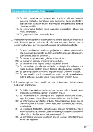 IV. eranskina: Lehen Hezkuntzako Arloak Hizkuntzak



    1.5.  a datu zehatzak antzematen eta erabiltzen dituen, hainbat
         E
         jarduera osatzeko, banakako edo taldekako ikaste-ekintzetan;
         eta ea horiek jasotzen dituen, informazioa erregistratzeko zenbait
         bitarteko erabiliz.
    1.5.  a entzundako testuen ideia nagusiak gogoratzen dituen eta
         E
         hitzez adierazten.
    1.5.  a gogoz entzuteko jarrera daukan.
         E

2.- kaslearen inguruko gizarte-esparruetan eta eskola-esparruan erabilitako
    I
    testu idatziak, genero askotakoak, ulertzea, eta testu horien zentzu
    orokorrak hartzea, aurrez emandako analisi-jarraibideak erabilita.

    2.1.  a testu idatziak ulertzen dituen, gai jakinei buruzkoak: moldatutako
         E
         edo benetako ipuinak eta olerkiak, errezetak, menuak, liburuxkak,
         publizitatea, arauak, gutunak...
    2.2.  a testuaren generoa eta gaia bereizten dituen.
         E
    2.3.  a testuaren esanahi orokorra hartzen duen.
         E
    2.4.  a testuaren ideia nagusi batzuk laburtzen dituen.
         E
    2.5.  a, emandako jarraibideei atxikirik, kontzeptuzko eskema eta
         E
         mapa sinpleak osatzen dituen, testuko ideia nagusiak erabilita.  
    2.6.  a estrategia egokiak erabiliz argitzen dituen ulermen-arazoak.
         E
    2.7.  a bere ideiekin erlazionatzen dituen eduki berriak, eta edukiaren
         E
         alderdi zehatzei buruzko iritzia modu sinplean ematen duen.

3.- nformazio garrantzitsua aurkitzea eta aukeratzea, irakurketaren
    I
    helburuari erantzunez.

    3.1.  a dakien irakurketaren helburua zein den, eta helburu bakoitzaren
         E
         araberako estrategia egokiak erabiltzen dituen.
    3.2.  a informazio-iturri analogiko eta digitalak erabiltzen dituen,
         E
         laguntza jasota, hartara irakurketaren helburuari erantzuteko.
    3.3.  a informazioa aurkitzeko orduan, hizkuntzarenak diren eta ez
         E
         diren osagaiak erabiltzen dituen: testuaren banaketa, letra mota,
         aurkibideak...
    3.4.  a eskolako testuetan, irakurketaren xedeari funtsezkoa zaion
         E
         informazioa hautatzen duen, eta datuak erregistratzeko bitartekoen
         bidez biltzen (taulak, eskemak, galdetegiak...).
    3.5.  a estrategia sinpleak erabiltzen dituen testuak irakurtzerakoan
         E
         zalantzak argitzeko.


                                                                                  264
 