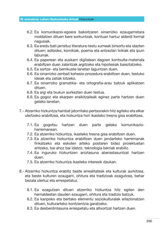 IV. eranskina: Lehen Hezkuntzako Arloak Hizkuntzak



    6.2.  a komunikazio-egoera bakoitzaren oinarrizko ezaugarrietara
         E
         moldatzen dituen bere sorkuntzak, kontuan hartuz alderdi formal
         nagusiak.
    6.3.  a eredu bati jarraituz literatura-testu xumeak birsortu eta idazten
         E
         dituen; adibidez, komikiak, poema eta antzezlan txikiak eta ipuin
         laburrak.
    6.4.  a paperean eta euskarri digitalean dagoen kontsulta-materiala
         E
         erabiltzen duen zalantzak argitzeko eta hipotesiak baieztatzeko.
    6.5.  a sortze- eta berrikuste-lanetan laguntzen duen.
         E
    6.6.  a oinarrizko zenbait kohesio-prozedura erabiltzen duen, testuko
         E
         ideiak eta zatiak lotzeko.
    6.7.  a oinarrizko gramatika- eta ortografia-arau batzuk aplikatzen
         E
         dituen.
    6.8.  a argi eta txukun aurkezten duen testua.
         E
    6.9.  a gogoz eta ekarpen eraikitzaileak eginez parte hartzen duen
         E
         gelako lanetan.

7.-  tzerriko hizkuntza hainbat jatorritako pertsonekin hitz egiteko eta elkar
    A
    ulertzeko erabiltzea, eta hizkuntza hori ikasteko tresna gisa erabiltzea.

    7.1.  a gogotsu hartzen duen parte gelako komunikazio-
         E
         harremanean.
    7.2.  a atzerriko hizkuntza, ikasteko tresna gisa erabiltzen duen.
         E
    7.3.  a atzerriko hizkuntza erabiltzen duen jendarteko harremanak
         E
         finkatzeko eta eskolen arteko postaren bidez proiektuetan
         aritzeko, bai ahoz bai idatziz, teknologia berriak erabiliz.
    7.4.  a inguruko hizkuntzen aniztasuna aberastasuntzat hartzen
         E
         duen.
    7.5.  a atzerriko hizkuntza ikasteko interesik daukan.
         E

8.-  tzerriko hizkuntza erabiliz beste errealitateak eta kulturak aurkitzea,
    A
    eta beste kulturen ezaugarri, ohitura eta tradizioak ezagutzea, behar
    bezala ulertuz eta errespetatuz.

    8.1.  a ezagutzen dituen atzerriko hizkuntza hitz egiten den
         E
         herrialdeetan dauden ezaugarri, ohitura eta tradizio batzuk.
    8.2.  a kanpoko eta bertako elementu soziokulturalak erlazionatzen
         E
         dituen, kulturarteko kontzientzia garatzeko.
    8.3.  a desberdintasuna errespetatu eta altxortzat hartzen duen.
         E


                                                                                  266
 