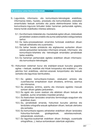 IV. eranskina: Lehen Hezkuntzako Arloak Hizkuntzak



9.-  agunduta, informazio- eta komunikazio-teknologiak erabiltzea,
    L
    informazioa bilatu, hautatu, prozesatu eta komunikatzeko, ereduetan
    oinarritutako testuak sortzeko eta posta elektronikoaren bidez eta
    komunikazio-ingurune birtualen bidez harreman pertsonalak egiteko,
    tresna horiek erabiltzeko interesa adieraziz.

    9.1.  a informazio-bilaketak eta –hautaketak egiten dituen, bilatzaileak
         E
         jarraibideen arabera erabiliz eta aurrez adierazitako webguneetara
         sartuz.
    9.2.  a testu-prozesadoreen oinarrizko funtzioak erabiltzen dituen
         E
         testuak editatzeko eta zuzentzeko.
    9.3.  a behar bezala antolatuta eta argitasunez aurkezten dituen
         E
         eskola-jardueretan landutako informazio errazak, informazio- eta
         komunikazio-bitarteko eta -teknologiak emandako jarraibideak
         betez erabilita.
    9.4.  a harreman pertsonalak egiteko erabiltzen dituen informazio-
         E
         eta komunikazio-teknologiak.

10.-  izkuntzen sistemari buruz eta erabilpen-arauei buruzko gogoeta
     H
     egitea —testuak, esaldiak eta hitzak konparatuz eta eraldatuz—, eta
     jakintza hori erabiltzea, ulermen-arazoak konpontzeko eta testuak
     sortzeko eta laguntzaz berrikusteko.

    10.1.  a gelako komunikazio-trukean, ereduaren antzera eta
          E
          zuzentasunez errepikatzen duen ahoskera, erritmoa, azentua
          eta intonazioa.
    10.2.  a ahoskera, erritmo, azentu eta intonazio egokiko mezuak
          E
          sortzen dituen gelako jardueretan.
    10.3.  a egoki eta zuzen osatzen eta aldatzen dituen testuak eta
          E
          esaldiak, aurrez emandako irizpideei jarraituz.
    10.4.  a ikasturtean landutako oinarrizko terminologia ezagutzen eta
          E
          erabiltzen duen.
    10.5.  a, jarraibideak emanda, hizkuntzei buruzko jakintza eta
          E
          landutako ortografia-arauak aplikatzen dituen, testuak ulertzeko
          eta sortzeko.
    10.6.  a komunikazio-egoera zehatzetan erabiltzen dituen landutako
          E
          hizkuntza-formulak:        gizalegezkoak,      adostasunezkoak,
          eskaerakoak, ezezkoak...  
    10.7.  a laguntza-euskarriak erabiltzen dituen (hiztegia, zuzentzaile
          E
          ortografikoa...), testua sortzerakoan zalantzak argitzeko.

                                                                                267
 