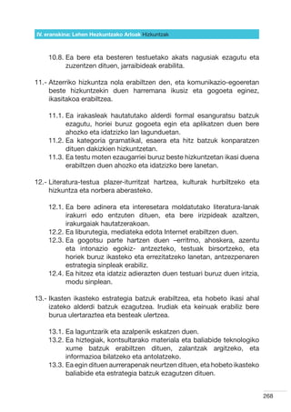 IV. eranskina: Lehen Hezkuntzako Arloak Hizkuntzak



    10.8.  a bere eta besteren testuetako akats nagusiak ezagutu eta
          E
          zuzentzen dituen, jarraibideak erabilita.

11.-  tzerriko hizkuntza nola erabiltzen den, eta komunikazio-egoeretan
     A
     beste hizkuntzekin duen harremana ikusiz eta gogoeta eginez,
     ikasitakoa erabiltzea.

    11.1.  a irakasleak hautatutako alderdi formal esanguratsu batzuk
          E
          ezagutu, horiei buruz gogoeta egin eta aplikatzen duen bere
          ahozko eta idatzizko lan lagunduetan.
    11.2.  a kategoria gramatikal, esaera eta hitz batzuk konparatzen
          E
          dituen dakizkien hizkuntzetan.
    11.3.  a testu moten ezaugarriei buruz beste hizkuntzetan ikasi duena
          E
          erabiltzen duen ahozko eta idatzizko bere lanetan.

12.-  iteratura-testua plazer-iturritzat hartzea, kulturak hurbiltzeko eta
     L
     hizkuntza eta norbera aberasteko.

    12.1.  a bere adinera eta interesetara moldatutako literatura-lanak
          E
          irakurri edo entzuten dituen, eta bere irizpideak azaltzen,
          irakurgaiak hautatzerakoan.
    12.2.  a liburutegia, mediateka edota Internet erabiltzen duen.
          E
    12.3.  a gogotsu parte hartzen duen –erritmo, ahoskera, azentu
          E
          eta intonazio egokiz- antzezteko, testuak birsortzeko, eta
          horiek buruz ikasteko eta errezitatzeko lanetan, antzezpenaren
          estrategia sinpleak erabiliz.
    12.4.  a hitzez eta idatziz adierazten duen testuari buruz duen iritzia,
          E
          modu sinplean.

13.- kasten ikasteko estrategia batzuk erabiltzea, eta hobeto ikasi ahal
     I
     izateko alderdi batzuk ezagutzea. Irudiak eta keinuak erabiliz bere
     burua ulertaraztea eta besteak ulertzea.

    13.1.  a laguntzarik eta azalpenik eskatzen duen.
          E
    13.2.  a hiztegiak, kontsultarako materiala eta baliabide teknologiko
          E
          xume batzuk erabiltzen dituen, zalantzak argitzeko, eta
          informazioa bilatzeko eta antolatzeko.
    13.3.  a egin dituen aurrerapenak neurtzen dituen, eta hobeto ikasteko
          E
          baliabide eta estrategia batzuk ezagutzen dituen.


                                                                                268
 