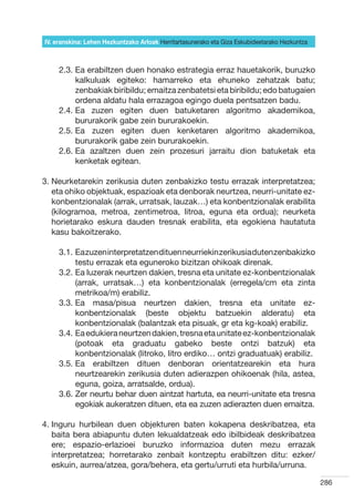 IV. eranskina: Lehen Hezkuntzako Arloak Herritartasunerako eta Giza Eskubideetarako Hezkuntza



     2.3.  a erabiltzen duen honako estrategia erraz hauetakorik, buruzko
          E
          kalkuluak egiteko: hamarreko eta ehuneko zehatzak batu;
          zenbakiak biribildu; emaitza zenbatetsi eta biribildu; edo batugaien
          ordena aldatu hala errazagoa egingo duela pentsatzen badu.
     2.4.  a zuzen egiten duen batuketaren algoritmo akademikoa,
          E
          bururakorik gabe zein bururakoekin.
     2.5.  a zuzen egiten duen kenketaren algoritmo akademikoa,
          E
          bururakorik gabe zein bururakoekin.
     2.6.  a azaltzen duen zein prozesuri jarraitu dion batuketak eta
          E
          kenketak egitean.

3.  eurketarekin zerikusia duten zenbakizko testu errazak interpretatzea;
   N
   eta ohiko objektuak, espazioak eta denborak neurtzea, neurri-unitate ez-
   konbentzionalak (arrak, urratsak, lauzak…) eta konbentzionalak erabilita
   (kilogramoa, metroa, zentimetroa, litroa, eguna eta ordua); neurketa
   horietarako eskura dauden tresnak erabilita, eta egokiena hautatuta
   kasu bakoitzerako.

     3.1.  a zuzen interpretatzen dituen neurriekin zerikusia duten zenbakizko
          E
          testu errazak eta eguneroko bizitzan ohikoak direnak.
     3.2.  a luzerak neurtzen dakien, tresna eta unitate ez-konbentzionalak
          E
          (arrak, urratsak…) eta konbentzionalak (erregela/cm eta zinta
          metrikoa/m) erabiliz.
     3.3.  a masa/pisua neurtzen dakien, tresna eta unitate ez-
          E
          konbentzionalak (beste objektu batzuekin alderatu) eta
          konbentzionalak (balantzak eta pisuak, gr eta kg-koak) erabiliz.
     3.4.  a edukiera neurtzen dakien, tresna eta unitate ez-konbentzionalak
          E
          (potoak eta graduatu gabeko beste ontzi batzuk) eta
          konbentzionalak (litroko, litro erdiko… ontzi graduatuak) erabiliz.
     3.5.  a erabiltzen dituen denboran orientatzearekin eta hura
          E
          neurtzearekin zerikusia duten adierazpen ohikoenak (hila, astea,
          eguna, goiza, arratsalde, ordua).
     3.6.  er neurtu behar duen aintzat hartuta, ea neurri-unitate eta tresna
          Z
          egokiak aukeratzen dituen, eta ea zuzen adierazten duen emaitza.

4. nguru hurbilean duen objekturen baten kokapena deskribatzea, eta
   I
   baita bera abiapuntu duten lekualdatzeak edo ibilbideak deskribatzea
   ere; espazio-erlazioei buruzko informazioa duten mezu errazak
   interpretatzea; horretarako zenbait kontzeptu erabiltzen ditu: ezker/
   eskuin, aurrea/atzea, gora/behera, eta gertu/urruti eta hurbila/urruna.

                                                                                                286
 