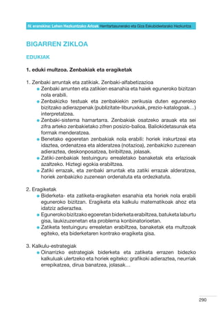 IV. eranskina: Lehen Hezkuntzako Arloak Herritartasunerako eta Giza Eskubideetarako Hezkuntza



BIGARREN ZIKLOA
EDUKIAK

1. eduki multzoa. Zenbakiak eta eragiketak

1. Zenbaki arruntak eta zatikiak. Zenbaki-alfabetizazioa
     l  enbaki arrunten eta zatikien esanahia eta haiek eguneroko bizitzan
       Z
       nola erabili.
     l  enbakizko testuak eta zenbakiekin zerikusia duten eguneroko
       Z
       bizitzako adierazpenak (publizitate-liburuxkak, prezio-katalogoak…)
       interpretatzea.
     l  enbaki-sistema hamartarra. Zenbakiak osatzeko arauak eta sei
       Z
       zifra arteko zenbakietako zifren posizio-balioa. Baliokidetasunak eta
       formak menderatzea.  
     l  enetako egoeretan zenbakiak nola erabili: horiek irakurtzeai eta
       B
       idaztea, ordenatzea eta alderatzea (notazioa), zenbakizko zuzenean
       adieraztea, deskonposatzea, biribiltzea, jolasak.
     l  atiki-zenbakiak testuinguru errealetako banaketak eta erlazioak
       Z
       azaltzeko. Hiztegi egokia erabiltzea.
     l  atiki errazak, eta zenbaki arruntak eta zatiki errazak alderatzea,
       Z
       horiek zenbakizko zuzenean ordenatuta eta ordezkatuta.

2. Eragiketak
     l  iderketa- eta zatiketa-eragiketen esanahia eta horiek nola erabili
       B
       eguneroko bizitzan. Eragiketa eta kalkulu matematikoak ahoz eta
       idatziz adieraztea.
     l  guneroko bizitzako egoeretan biderketa erabiltzea, batuketa laburtu
       E
       gisa, laukizuzenetan eta problema konbinatorioetan.
     l  atiketa testuinguru errealetan erabiltzea, banaketak eta multzoak
       Z
       egiteko, eta biderketaren kontrako eragiketa gisa.

3. Kalkulu-estrategiak
    l  inarrizko estrategiak biderketa eta zatiketa errazen bidezko
       O
       kalkuluak ulertzeko eta horiek egiteko: grafikoki adieraztea, neurriak
       errepikatzea, dirua banatzea, jolasak…




                                                                                                290
 