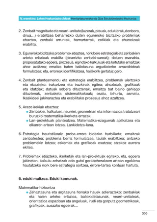 IV. eranskina: Lehen Hezkuntzako Arloak Herritartasunerako eta Giza Eskubideetarako Hezkuntza



2.  enbait magnitude eta neurri-unitate (luzerak, pisuak, edukierak, denbora,
   Z
   dirua…) erabiltzea beharrezko duten eguneroko bizitzako problemak
   ebaztea, zenbaki arruntak, hamartarrak, zatikiak eta ehunekoak
   erabilita.

3.  guneroko bizitzako problemak ebaztea, nork bere estrategiak eta zenbakien
   E
   arteko erlazioak erabilita (oinarrizko zenbaki-sareak); datuen esanahia,
   proposatutako egoera, prozesua, egindako kalkuluak eta lortutako emaitzak
   ahoz azaltzea; emaitza baten baliotasuna argudiatzeko arrazoibideak
   formulatzea; eta, erroreak identifikatzea, halakorik gertatuz gero.

4.  enbait planteamendu eta estrategia erabiltzea, problemak ulertzeko
   Z
   eta ebazteko: irakurtzea eta iruzkinak egitea; ahozkoak, grafikoak
   eta idatziak; datuak sobera dituztenak, emaitza bat baino gehiago
   dituztenak, zenbaketa sistematikokoak; osatu, bihurtu, asmatu.
   Ikaskideei jakinaraztea eta erabilitako prozesua ahoz azaltzea.

5. Arazo irekiak ebaztea:
     l  enbakiei, kalkuluei, neurriei, geometriari eta informazioa tratatzeari
       Z
       buruzko matematika-ikerketa errazak.
     l  an-proiektuak planteatzea. Matematika-ezaguerak aplikatzea eta
       L
       elkarren artean lotzea. Lankidetza-lana.

6.  strategia heuristikoak: proba-errore bidezko hurbilketa; emaitzak
   E
   zenbatestea; problema berriz formulatzea, taulak erabiltzea; antzeko
   problemekin lotzea; eskemak eta grafikoak osatzea; atzekoz aurrera
   ekitea.

7.  roblemak ebazteko, ikerketak eta lan-proiektuak egiteko, eta, egoera
   P
   jakinetan, kalkulu zehatzak edo gutxi gorabeherakoen artean egokiena
   hautatzeko nork bere estrategia sortzea, errore-tartea kontuan hartuta.


6. eduki multzoa. Eduki komunak.

Matematika-hizkuntza
    l  ehaztasuna eta argitasuna honako hauek adierazteko: zenbakiak
      Z
      eta haien arteko erlazioa, baliokidetasunak, neurri-unitateak,
      orientazioa espazioan eta angeluak, irudi eta gorputz geometrikoak,
      grafikoak, ausazko egoerak…

                                                                                                305
 