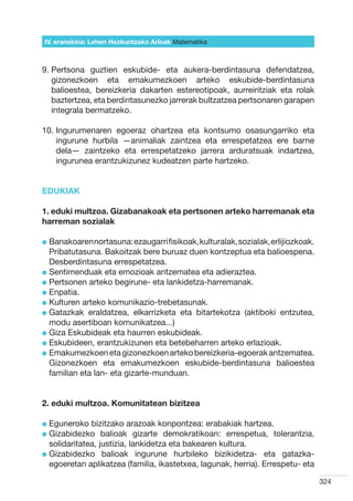 IV. eranskina: Lehen Hezkuntzako Arloak Hizkuntzak
                                        Matematika



9.  ertsona guztien eskubide- eta aukera-berdintasuna defendatzea,
   P
   gizonezkoen eta emakumezkoen arteko eskubide-berdintasuna
   balioestea, bereizkeria dakarten estereotipoak, aurreiritziak eta rolak
   baztertzea, eta berdintasunezko jarrerak bultzatzea pertsonaren garapen
   integrala bermatzeko.

10. ngurumenaren egoeraz ohartzea eta kontsumo osasungarriko eta
    I
    ingurune hurbila —animaliak zaintzea eta errespetatzea ere barne
    dela— zaintzeko eta errespetatzeko jarrera arduratsuak indartzea,
    ingurunea erantzukizunez kudeatzen parte hartzeko.


EDUKIAK

1. eduki multzoa. Gizabanakoak eta pertsonen arteko harremanak eta
harreman sozialak

l  anakoaren nortasuna: ezaugarri fisikoak, kulturalak, sozialak, erlijiozkoak.
  B
  Pribatutasuna. Bakoitzak bere buruaz duen kontzeptua eta balioespena.
  Desberdintasuna errespetatzea.
l  entimenduak eta emozioak antzematea eta adieraztea.
  S
l  ertsonen arteko begirune- eta lankidetza-harremanak.
  P
l  npatia.
  E
l  ulturen arteko komunikazio-trebetasunak.
  K
l  atazkak eraldatzea, elkarrizketa eta bitartekotza (aktiboki entzutea,
  G
  modu asertiboan komunikatzea...)
l  iza Eskubideak eta haurren eskubideak.
  G
l  skubideen, erantzukizunen eta betebeharren arteko erlazioak.
  E
l  makumezkoen eta gizonezkoen arteko bereizkeria-egoerak antzematea.
  E
  Gizonezkoen eta emakumezkoen eskubide-berdintasuna balioestea
  familian eta lan- eta gizarte-munduan.


2. eduki multzoa. Komunitatean bizitzea

l  guneroko
  E           bizitzako arazoak konpontzea: erabakiak hartzea.
l  izabidezko balioak gizarte demokratikoan: errespetua, tolerantzia,
  G
  solidaritatea, justizia, lankidetza eta bakearen kultura.
l  izabidezko balioak ingurune hurbileko bizikidetza- eta gatazka-
  G
  egoeretan aplikatzea (familia, ikastetxea, lagunak, herria). Errespetu- eta

                                                                                   324
 