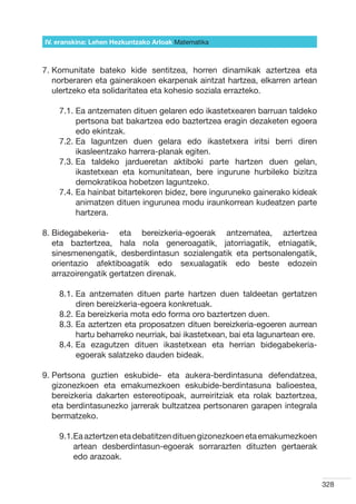 IV. eranskina: Lehen Hezkuntzako Arloak Hizkuntzak
                                        Matematika



7.  omunitate bateko kide sentitzea, horren dinamikak aztertzea eta
   K
   norberaren eta gainerakoen ekarpenak aintzat hartzea, elkarren artean
   ulertzeko eta solidaritatea eta kohesio soziala errazteko.

    7.1.  a antzematen dituen gelaren edo ikastetxearen barruan taldeko
         E
         pertsona bat bakartzea edo baztertzea eragin dezaketen egoera
         edo ekintzak.
    7.2.  a laguntzen duen gelara edo ikastetxera iritsi berri diren
         E
         ikasleentzako harrera-planak egiten.
    7.3.  a taldeko jardueretan aktiboki parte hartzen duen gelan,
         E
         ikastetxean eta komunitatean, bere ingurune hurbileko bizitza
         demokratikoa hobetzen laguntzeko.
    7.4.  a hainbat bitartekoren bidez, bere inguruneko gainerako kideak
         E
         animatzen dituen ingurunea modu iraunkorrean kudeatzen parte
         hartzera.

8.  idegabekeria- eta bereizkeria-egoerak antzematea, aztertzea
   B
   eta baztertzea, hala nola generoagatik, jatorriagatik, etniagatik,
   sinesmenengatik, desberdintasun sozialengatik eta pertsonalengatik,
   orientazio afektiboagatik edo sexualagatik edo beste edozein
   arrazoirengatik gertatzen direnak.

    8.1.  a antzematen dituen parte hartzen duen taldeetan gertatzen
         E
         diren bereizkeria-egoera konkretuak.
    8.2.  a bereizkeria mota edo forma oro baztertzen duen.
         E
    8.3.  a aztertzen eta proposatzen dituen bereizkeria-egoeren aurrean
         E
         hartu beharreko neurriak, bai ikastetxean, bai eta lagunartean ere.
    8.4.  a ezagutzen dituen ikastetxean eta herrian bidegabekeria-
         E
         egoerak salatzeko dauden bideak.

9.  ertsona guztien eskubide- eta aukera-berdintasuna defendatzea,
   P
   gizonezkoen eta emakumezkoen eskubide-berdintasuna balioestea,
   bereizkeria dakarten estereotipoak, aurreiritziak eta rolak baztertzea,
   eta berdintasunezko jarrerak bultzatzea pertsonaren garapen integrala
   bermatzeko.

    9.1. a aztertzen eta debatitzen dituen gizonezkoen eta emakumezkoen
        E
        artean desberdintasun-egoerak sorrarazten dituzten gertaerak
        edo arazoak.


                                                                               328
 