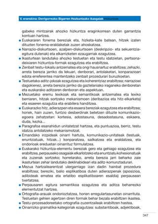V. eranskina: Derrigorrezko Bigarren Hezkuntzako ikasgaiak Hizkuntzak



  gabeko mintzairak ahozko hizkuntza eraginkorrean duten garrantzia
  kontuan hartzea.
l  uskararen fonema bereziak eta, hizketa-kate batean, hitzek izaten
  E
  dituzten fonema-eraldaketak zuzen ahoskatzea.
l  arrazio-diskurtsoen, azalpen-diskurtsoen (deskripzio- eta sekuentzia-
  N
  egitura dutenak) eta elkarrizketen ezaugarriak ezagutzea.
l kasturtean landutako ahozko testuetan eta testu idatzietan, pertsona-
  I
  deixiaren hizkuntza-formak ezagutzea eta erabiltzea.
l  enbait testu-lokailu antzematea eta ongi hausnartuz erabiltzea; zehazki,
  Z
  arreta berezia jarriko da lekuari, denborari, antolaketari, konparazioari
  edota erreferentea mantentzeko zenbait prozedurari buruzkoetan.
l  estuetako aditz-jokoak ezagutzea eta koherentziaz erabiltzea; narrazioei
  T
  dagokienez, arreta berezia jarriko da gaztelaniako iraganeko denboretan
  eta euskarako aditzaren denboran eta aspektuan.
l  ezuetako eremu lexikoak eta semantikoak antzematea eta lexiko
  M
  berriaren, hitzak sortzeko mekanismoen (deribazioa eta hitz-elkarketa)
  eta esaeren ezagutza eta erabilera handitzea.
l  uskarazko hitz, adierazpen eta esaera bereziak ezagutzea eta erabiltzea;
  E
  horiek, hain zuzen, funtzio desberdinak betetzen dituzte komunikazio-
  egoera zehatzetan: kortesia, adostasuna, desadostasuna, eskaera,
  duda, kezka...
l  aragrafoa esanahidun unitatetzat hartzea, eta puntuazioa, berriz, testu
  P
  idatzia antolatzeko mekanismotzat.
l  mandako irizpideak oinarri hartuta, komunikazio-unitateak (testuak,
  E
  enuntziatuak, hitzak...) konparatzea, sailkatzea eta eraldatzea, eta
  ondorioak ereduetan oinarrituz formulatzea.
l  uskarako hizkuntza-elementu bereziak gero eta gehiago ezagutzea eta
  E
  erabiltzea, perpauseko osagaiak elkarlotzeko eta enuntziatu kohesionatuak
  eta zuzenak sortzeko; horretarako, arreta berezia jarri beharko zaie
  ikasturtean zehar landutako deklinabideari eta aditz-komunztadurari.
l  ezua hartzailearentzat ulergarriago izan dadin hainbat prozedura
  M
  erabiltzea; bereziki, balio esplikatiboa duten adierazpenak (aposizioa,
  adibideak ematea eta erlatibo esplikatiboaren esaldia) perpausean
  txertatzea.
l  erpausaren egitura semantikoa ezagutzea eta aditza beharrezko
  P
  elementutzat hartzea.
l  rtografia-arauak ondorioztatzea, horien erregulartasunetan oinarrituta.
  O
  Testuetan gehien agertzen diren formak behar bezala erabiltzen ikastea.
l  estu-prozesadoreetako ortografia-zuzentzaileak erabiltzen hastea.
  T
l  inarrizko gramatika-kategoriak ezagutzea: substantiboak, adjektiboak,
  O

                                                                               347
 