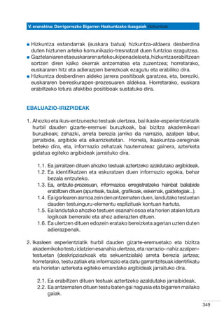 V. eranskina: Derrigorrezko Bigarren Hezkuntzako ikasgaiak Hizkuntzak



l  izkuntza
  H           estandarrak (euskara batua) hizkuntza-aldaera desberdina
  duten hiztunen arteko komunikazio-tresnatzat duen funtzioa ezagutzea.
l  aztelaniaren eta euskararen arteko ukipena dela eta, hizkuntza erabiltzean
  G
  sortzen diren kalko okerrak antzematea eta zuzentzea; horretarako,
  euskararen hitz eta adierazpen berezkoak ezagutu eta erabiliko dira.
l  izkuntza desberdinen aldeko jarrera positiboak garatzea, eta, bereziki,
  H
  euskararen berreskurapen-prozesuaren aldekoa. Horretarako, euskara
  erabiltzeko lotura afektibo positiboak sustatuko dira.


Ebaluazio-irizpideak

1.  hozko eta ikus-entzunezko testuak ulertzea, bai ikasle-esperientzietatik
   A
   hurbil dauden gizarte-eremuei buruzkoak, bai bizitza akademikoari
   buruzkoak; zehazki, arreta berezia jarriko da narrazio, azalpen labur,
   jarraibide, argibide eta elkarrizketetan.   Horrela, ikaskuntza-zereginak
   beteko dira, eta, informazio zehatzak hautemateaz gainera, azterketa
   gidatua egiteko argibideak jarraituko dira.

    1.1.  a jarraitzen dituen ahozko testuak aztertzeko azaldutako argibideak.
         E
    1.2.  a identifikatzen eta eskuratzen duen informazio egokia, behar
         E
         bezala entzuteko.
    1.3.  a, entzute-prozesuan, informazioa erregistratzeko hainbat baliabide
         E
         erabiltzen dituen (apunteak, taulak, grafikoak, eskemak, galdetegiak...).
    1.4.  a igorlearen asmoa zein den antzematen duen, landutako testuetan
         E
         dauden testuinguru-elementu esplizituak kontuan hartuta.
    1.5.  a landutako ahozko testuen esanahi osoa eta horien atalen lotura
         E
         logikoak berreraiki eta ahoz adierazten dituen.
    1.6.  a ulertzen dituen edozein eratako bereizketa agerian uzten duten
         E
         adierazpenak.

2. kasleen esperientziatik hurbil dauden gizarte-eremuetako eta bizitza
   I
   akademikoko testu idatzien esanahia ulertzea, eta narrazio- nahiz azalpen-
   testuetan (deskripziozkoak eta sekuentzialak) arreta berezia jartzea;
   horretarako, testu zatiak eta informazio eta datu garrantzitsuak identifikatu
   eta horietan azterketa egiteko emandako argibideak jarraituko dira.

    2.1.  a erabiltzen dituen testuak aztertzeko azaldutako jarraibideak.
         E
    2.2.  a antzematen dituen testu baten gai nagusia eta bigarren mailako
         E
         gaiak.

                                                                                     349
 