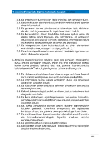 V. eranskina: Derrigorrezko Bigarren Hezkuntzako ikasgaiak Hizkuntzak



    2.3.  a antzematen duen testuen ideia orokorra: zer kontatzen duen.
         E
    2.4.  a identifikatzen eta ondorioztatzen dituen irakurketarako egokiak
         E
         diren informazioak.
    2.5.  a igorlearen asmoa zein den antzematen duen, testu idatzietan
         E
         dauden testuinguru-elementu esplizituak oinarri hartuta.
    2.6.  a berreraikitzen dituen landutako testuaren egitura osoa eta
         E
         atalen arteko lotura logikoak, eta, horretarako, ea aplikatzen
         dituen ideiak antolatzeko teknikak; esaterako, informazioen lotura
         eta hierarkia adierazten duten eskemak eta grafikoak.
    2.7.  a interpretatzen duen hizkuntzazkoak ez diren elementuen
         E
         esanahia (ikonoak, ezaugarri ortotipografikoak...).
    2.8.  a antzematen dituen edozein motatako bereizketa agerian uzten
         E
         duten ohiko adierazpenak.

3.  arduera akademikoarekin lotutako gaiei edo gertakari interesgarriei
   J
   buruz ahozko aurkezpen errazak, argiak eta ongi egituratuak egitea;
   horiek aurrez prestatu beharko dira, eta, gainera, ikus-entzunezko
   baliabideen eta IKT teknologien laguntza baliatu ahal izango da.

    3.1.  a bilatzen eta hautatzen duen informazio garrantzitsua, hainbat
         E
         iturri erabiliz: analogikoak, ikus-entzunezkoak eta digitalak.
    3.2.  a informazioa forma logikoz antolatzen duen, eta emandako
         E
         argibideak jarraitzen dituen.
    3.3.  a ikasturtean zehar landutako eskeman oinarritzen den ahozko
         E
         testua egituratzeko.
    3.4.  a landutako estrategiak erabiltzen dituen, testua hartzailearentzat
         E
         ulergarria izan dadin.
    3.5.  a bere diskurtsoan egokitzapenarekin, tonuarekin, keinuekin,
         E
         gorputzaren jarrerarekin edota kortesia-arauekin lotutako alderdiak
         erabiltzen dituen.
    3.6.  a, aurrez zehaztutako gidoiari jarraiki, bizitako esperientziekin
         E
         lotutako gertaerak hurrenkera errespetatuz eta argitasunez
         kontatzen dituen, eta, gainera, deskripzio txikiak gehitzen dituen.
    3.7.  a erabiltzen dituen ikus-entzunezko baliabideak eta informazio-
         E
         eta komunikazio-teknologiak, laguntza moduan, ahozko
         aurkezpenak egitean.
    3.8.  a saihesten dituen erabilera baztertzaileak.
         E
    3.9.  a erabiltzen dituen autoebaluazio- eta autozuzenketa-estrategiak
         E
         ahozko erabilera hobetzeko.


                                                                                 350
 