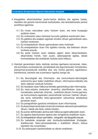 V. eranskina: Derrigorrezko Bigarren Hezkuntzako ikasgaiak Hizkuntzak



4. kasgelako elkarrizketetan parte-hartze aktiboa eta egokia izatea,
   I
   ikasteko eta gizarte-harremanak bultzatzeko, eta lankidetzarako jarrera
   positiboa agertzea.

    4.1.  a modu naturalean esku hartzen duen, eta bere ikuspegia
         E
         azaltzen duen.
    4.2.  a norberaren esku-hartzeari buruzko galderei erantzuten dien.
         E
    4.3.  a galdera eta azalpen egokiak ematen dituen gainerakoek esku
         E
         hartzen dutenean.
    4.4.  a errespetatzen dituen gainerakoen esku-hartzeak.
         E
    4.5.  a errespetatzen duen hitz egiteko txanda, eta betetzen dituen
         E
         kortesia-arauak.
    4.6.  a parte hartzen duen taldean egiten diren elkarrizketetan;
         E
         elkarrizketa horiek, hain zuzen, adierazpenak egitea, ideiak
         kontrastatzea eta erabakiak hartzea dute helburu.

5.  ainbat generotako testu idatziak sortzea (gertaera-narrazioak, ideia-
   H
   eta kontzeptu-aurkezpenak, jarraibideak eta argumentuak); horretarako,
   plangintza-prozedurak erabiliko dira, eta, horrez gainera, egokitasun,
   koherentzia, kohesio eta zuzentasun egokia izango da.

    5.1.  a liburutegiak eta informazio- eta komunikazio-teknologiak
         E
         autonomia apur batez erabiltzen dituen, informazioa biltzeko eta
         testu idatzien ereduak lortzeko.
    5.2.  a hautatzen duen helburua lortzeko garrantzitsua den informazioa.
         E
    5.3.  a testu-edukia ereduetan oinarrituz planifikatzen duen, eta,
         E
         horretarako, eskemak, oharrak... erabiltzen dituen; horrez gainera,
         ea komunikazio-egoerako parametroak kontuan hartzen dituen,
         eta sortu beharreko testu-generoaren sekuentzia arketipikoa
         jarraitzen duen.
    5.4.  a paragrafotan garatuta antolatzen duen informazioa.
         E
    5.5.  a ikasturtean landutako oinarrizko kohesio-elementuak erabiltzen
         E
         dituen, ideiak eta testu zatiak lotzeko.
    5.6.  a aurrez definitutako asmoa edo helburua egoki adierazten duen.
         E
    5.7.  a egoera bakoitzerako egokia den erregistroa erabiltzen duen.
         E
    5.8.  a errespetatzen dituen gramatika-, ortografia- eta tipografia-arauak.
         E
    5.9.  a baliabide propioak edo kontsulta-baliabideak (hiztegiak,
         E
         ikasliburuak, testu-prozesadoreak...) erabiltzen dituen, testua
         idazteko eta zuzentzeko.
    5.10.  a adierazpen baztertzaileak ez dituen erabiltzen.
           E

                                                                                   351
 