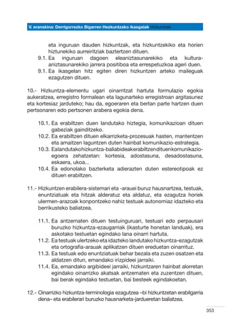 V. eranskina: Derrigorrezko Bigarren Hezkuntzako ikasgaiak Hizkuntzak



         eta inguruan dauden hizkuntzak, eta hizkuntzekiko eta horien
         hiztunekiko aurreiritziak baztertzen dituen.
    9.1.  a inguruan dagoen eleaniztasunarekiko eta kultura-
         E
         aniztasunarekiko jarrera positiboa eta errespetuzkoa ageri duen.
    9.1.  a ikasgelan hitz egiten diren hizkuntzen arteko maileguak
         E
         ezagutzen dituen.

10.- Hizkuntza-elementu ugari oinarritzat hartuta formulazio egokia
aukeratzea, erregistro formalean eta lagunarteko erregistroan argitasunez
eta kortesiaz jarduteko; hau da, egoeraren eta bertan parte hartzen duen
pertsonaren edo pertsonen arabera egokia dena.

    10.1.  a erabiltzen duen landutako hiztegia, komunikazioan dituen
          E
          gabeziak gainditzeko.
    10.2.  a erabiltzen dituen elkarrizketa-prozesuak hasten, mantentzen
          E
          eta amaitzen laguntzen duten hainbat komunikazio-estrategia.
    10.3.  a landutako hizkuntza-baliabideak erabiltzen dituen komunikazio-
          E
          egoera zehatzetan: kortesia, adostasuna, desadostasuna,
          eskaera, ukoa...
    10.4.  a edonolako bazterketa adierazten duten estereotipoak ez
          E
          dituen erabiltzen.

11.-  izkuntzen erabilera-sistemari eta -arauei buruz hausnartzea, testuak,
     H
     enuntziatuak eta hitzak alderatuz eta aldatuz, eta ezagutza horiek
     ulermen-arazoak konpontzeko nahiz testuak autonomiaz idazteko eta
     berrikusteko baliatzea.

    11.1.  a antzematen dituen testuinguruari, testuari edo perpausari
          E
          buruzko hizkuntza-ezaugarriak (ikasturte honetan landuak), era
          askotako testuetan egindako lana oinarri hartuta.
    11.2.  a testuak ulertzeko eta idazteko landutako hizkuntza-ezagutzak
          E
          eta ortografia-arauak aplikatzen dituen ereduetan oinarrituz.
    11.3.  a testuak edo enuntziatuak behar bezala eta zuzen osatzen eta
          E
          aldatzen ditun, emandako irizpideei jarraiki.
    11.4.  a, emandako argibideei jarraiki, hizkuntzaren hainbat alorretan
          E
          egindako oinarrizko akatsak antzematen eta zuzentzen dituen,
          bai berak egindako testuetan, bai besteek egindakoetan.

12.-  inarrizko hizkuntza-terminologia ezagutzea –bi hizkuntzetan erabilgarria
     O
     dena– eta erabilerari buruzko hausnarketa-jardueretan baliatzea.

                                                                                  353
 