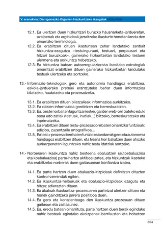 V. eranskina: Derrigorrezko Bigarren Hezkuntzako ikasgaiak Hizkuntzak



    12.1.  a ulertzen duen hizkuntzari buruzko hausnarketa-jardueretan,
          E
          azalpenak eta argibideak jarraitzeko ikasturte honetan landu den
          oinarrizko terminologia.
    12.2.  a erabiltzen dituen ikasturtean zehar landutako zenbait
          E
          hizkuntza-ezagutza –testuinguruari, testuari, perpausari eta
          hitzari buruzkoak–, gainerako hizkuntzetan landutako testuen
          ulermena eta sorkuntza hobetzeko.
    12.3.  a hizkuntza batean autoerregulaziorako ikasitako estrategiak
          E
          oinarritzat erabiltzen dituen gainerako hizkuntzetan landutako
          testuak ulertzeko eta sortzeko.

13.- nformazio-teknologiak gero eta autonomia handiagoz erabiltzea,
     I
     eskola-jarduerako premiei erantzuteko behar duen informazioa
     bilatzeko, hautatzeko eta prozesatzeko.

    13.1.  a erabiltzen dituen bilatzaileak informazioa aurkitzeko.
          E
    13.2.  a dakien informazioa gordetzen eta berreskuratzen.
          E
    13.3.  a, beste norbaiten laguntzari esker, gai den web-orri bateko eduki
          E
          osoa edo zatiak (testuak, irudiak...) biltzeko, berreskuratzeko eta
          inprimatzeko.
    13.4.  a erabiltzen dituen testu-prozesadore baten oinarrizko funtzioak:
          E
          edizioa, zuzentzaile ortografikoa...
    13.5.  a testu-prozesadore baten funtzio estandarrak gero eta autonomia
          E
          handiagoz erabiltzen dituen, eta tresna hori baliatzen duen ahozko
          aurkezpenetan laguntzeko nahiz testu idatziak sortzeko.  

14.-  orberaren ikaskuntza nahiz besteena ebaluatzen (autoebaluazioa
     N
     eta koebaluazioa) parte-hartze aktiboa izatea, eta hizkuntzak ikasteko
     eta erabiltzeko norberak duen gaitasunean konfiantza izatea.

    14.1.  a parte hartzen duen ebaluazio-irizpideak definitzen dituzten
          E
          kontrol-zerrendak egiten.
    14.2.  a ikaskuntza-helburuak eta ebaluazio-irizpideak ezagutu eta
          E
          hitzez adierazten dituen.
    14.3.  a akatsak ikaskuntza-prozesuaren partetzat ulertzen dituen eta
          E
          horiek gainditzeko jarrera positiboa duen.
    14.4.  a gero eta kontzienteago den ikaskuntza-prozesuan dituen
          E
          gaitasun eta zailtasunez.
    14.5.  a, eredu batean oinarrituta, parte hartzen duen berak egindako
          E
          nahiz besteek egindako ekoizpenak berrikusten eta hobetzen

                                                                                 354
 