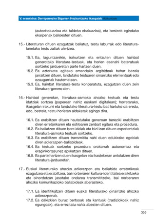 V. eranskina: Derrigorrezko Bigarren Hezkuntzako ikasgaiak Hizkuntzak



          (autoebaluazioa eta taldeko ebaluazioa), eta besteek egindako
          ekarpenak balioesten dituen.  

15.-  iteraturan dituen ezagutzak baliatuz, testu laburrak edo literatura-
     L
     lanetako testu zatiak ulertzea.

    15.1.  a, laguntzarekin, irakurtzen eta entzuten dituen hainbat
          E
          generotako literatura-testuak, eta horien esanahi bateratuak
          sortzeko jardueretan parte hartzen duen.
    15.2.  a azterketa egiteko emandako argibideak behar bezala
          E
          jarraitzen dituen, landutako testuaren oinarrizko elementuak edo
          ezaugarriak hautematean.
    15.3.  a, hainbat literatura-testu konparatuta, ezagutzen duen zein
          E
          literatura-genero den.

16.-  ainbat generotan, literatura-asmoko ahozko testuak eta testu
     H
     idatziak sortzea (paperean nahiz euskarri digitalean); horretarako,
     ikasgelan irakurri eta landutako literatura-testu bat hartuko da eredu,
     edo, bestela, testu horietan aldaketak egingo dira.

    16.1.  a erabiltzen dituen hautatutako generoan bereziki erabiltzen
          E
          diren erretorikaren eta estiloaren zenbait egitura eta prozedura.
    16.2.  a baliatzen dituen bere ideiak eta bizi izan dituen esperientziak
          E
          literatura-asmoko testuak sortzeko.  
    16.3.  a erabiltzen dituen transmititu nahi duen edukirako egokiak
          E
          diren adierazpen-baliabideak.
    16.4.  a testuak sortzeko prozedura orokorrak autonomiaz eta
          E
          eraginkortasunez aplikatzen dituen.
    16.5.  a parte hartzen duen ikasgelan eta ikastetxean antolatzen diren
          E
          literatura-jardueretan.

17.-  uskal literaturako ahozko adierazpen eta baliabide erretorikoak
     E
     ezagutzea eta erabiltzea, bai norberaren kultura-identitatea eraikitzeko
     eta oinordetzan jasotako ondarea transmititzeko, bai norberaren
     ahozko komunikazioko baliabideak aberasteko.

    17.1.  a identifikatzen dituen euskal literaturako oinarrizko ahozko
          E
          adierazpenak.
    17.2.  a dakizkien buruz bertsoak eta kantuak (tradiziokoak nahiz
          E
          egungoak), eta errezitatu nahiz abesten dituen.

                                                                                355
 