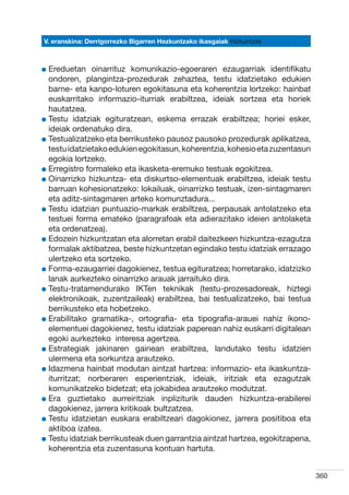 V. eranskina: Derrigorrezko Bigarren Hezkuntzako ikasgaiak Hizkuntzak



l  reduetan
  E             oinarrituz komunikazio-egoeraren ezaugarriak identifikatu
  ondoren, plangintza-prozedurak zehaztea, testu idatzietako edukien
  barne- eta kanpo-loturen egokitasuna eta koherentzia lortzeko: hainbat
  euskarritako informazio-iturriak erabiltzea, ideiak sortzea eta horiek
  hautatzea.
l  estu idatziak egituratzean, eskema errazak erabiltzea; horiei esker,
  T
  ideiak ordenatuko dira.
l  estualizatzeko eta berrikusteko pausoz pausoko prozedurak aplikatzea,
  T
  testu idatzietako edukien egokitasun, koherentzia, kohesio eta zuzentasun
  egokia lortzeko.
l  rregistro formaleko eta ikasketa-eremuko testuak egokitzea.
  E
l  inarrizko hizkuntza- eta diskurtso-elementuak erabiltzea, ideiak testu
  O
  barruan kohesionatzeko: lokailuak, oinarrizko testuak, izen-sintagmaren
  eta aditz-sintagmaren arteko komunztadura...
l  estu idatzian puntuazio-markak erabiltzea, perpausak antolatzeko eta
  T
  testuei forma emateko (paragrafoak eta adierazitako ideien antolaketa
  eta ordenatzea).
l  dozein hizkuntzatan eta alorretan erabil daitezkeen hizkuntza-ezagutza
  E
  formalak aktibatzea, beste hizkuntzetan egindako testu idatziak errazago
  ulertzeko eta sortzeko.
l  orma-ezaugarriei dagokienez, testua egituratzea; horretarako, idatzizko
  F
  lanak aurkezteko oinarrizko arauak jarraituko dira.
l  estu-tratamendurako IKTen teknikak (testu-prozesadoreak, hiztegi
  T
  elektronikoak, zuzentzaileak) erabiltzea, bai testualizatzeko, bai testua
  berrikusteko eta hobetzeko.
l  rabilitako gramatika-, ortografia- eta tipografia-arauei nahiz ikono-
  E
  elementuei dagokienez, testu idatziak paperean nahiz euskarri digitalean
  egoki aurkezteko  interesa agertzea.
l  strategiak jakinaren gainean erabiltzea, landutako testu idatzien
  E
  ulermena eta sorkuntza arautzeko.
l dazmena hainbat modutan aintzat hartzea: informazio- eta ikaskuntza-
  I
  iturritzat; norberaren esperientziak, ideiak, iritziak eta ezagutzak
  komunikatzeko bidetzat; eta jokabidea arautzeko modutzat.
l  ra guztietako aurreiritziak inpliziturik dauden hizkuntza-erabilerei
  E
  dagokienez, jarrera kritikoak bultzatzea.
l  estu idatzietan euskara erabiltzeari dagokionez, jarrera positiboa eta
  T
  aktiboa izatea.
l  estu idatziak berrikusteak duen garrantzia aintzat hartzea, egokitzapena,
  T
  koherentzia eta zuzentasuna kontuan hartuta.


                                                                                360
 