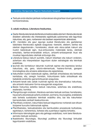V. eranskina: Derrigorrezko Bigarren Hezkuntzako ikasgaiak Hizkuntzak



l  estuak ondo idazten jakiteak norbanakoan eta gizartean duen garrantziaz
  T
  kontzientziatzea.


3. eduki-multzoa. Literatura-hezkuntza.

l  azte-literaturako lanak eta literatura tradizionaleko eta herri-literaturako lanak
  G
  (ikasleen adinerako eta intereserako egokituak) autonomiaz edo laguntzaz
  irakurtzea, eta, gero, norberaren eta besteen esperientziak alderatzea.
l  X. mendeko eta gaur egungo euskal literaturako eta gaztelaniaz
  X
  idatzitako literaturako egileak ezagutzea –bereziki, eleberri, bertso eta
  olerkiei dagozkienak–; horretarako, obrak edo obra-zatiak irakurri eta
  iruzkin bateratuak egin, ikus-entzunezko materialak landu, olerkiak
  errezitatu, bertso-emanaldiak entzun, antzerki-antzezpenak ikusi eta
  musikaz lagundutako olerkiak entzungo dira.
l  iteratura-testua irakurri aurretik, irakurri bitartean eta irakurri ondoren,
  L
  aztertzen eta interpretatzen laguntzen duten estrategiak eta teknikak
  erabiltzea.
l puinak eta kontakizun laburrak iruzkinak eginez eta espresioa landuz
  I
  irakurtzea, eta, gero, istorio-elementuak, hasiera-formak, garapen
  kronologikoa eta amaiera alderatzea eta egiaztatzea.
l rakurketen iruzkin bateratuak egitea, olerkiak errezitatzea eta bertsoak
  I
  kantatzea, eta, zeregin horretan, hizkuntzaren balio sinbolikoak eta
  baliabide erretoriko garrantzitsuenak ezagutzea.
l  ntzerki-lanak edo zatiak iruzkinak eginez eta dramatizatuz irakurtzea,
  A
  eta antzerki-testuaren forma-ezaugarriak ezagutzea.
l  este hizkuntza estetiko batzuk irakurtzea, aztertzea eta erabiltzea;
  B
  esaterako, komikia.
l  langintza egin ondoren, literatura-asmoko testuak sortzea; horretarako,
  P
  hausnartu eta ereduak aztertu ondoren, sormena, itxura egitea, eraldaketa
  edo lanketa sustatzeko teknikak erabiliko dira, bai eta irakurketan
  barneratutako zenbait ikaskuntza ere.
l  lanifikatu ondoren, irakurritako testuari dagokionez norberak izan dituen
  P
  bizipenei buruzko balorazioak egitea.
l  lanifikatzeko, testualizatzeko eta berrikusteko prozedurak bultzatzea,
  P
  egokitasun, koherentzia, kohesio eta zuzentasun egokia lortzeko.
l nformazio-teknologiak gero eta gehiago erabiltzea, nork bere literatura-
  I
  asmoko testuak sortzeko.
l kastetxeko liburutegia, liburutegi publikoa eta liburutegi birtualak
  I
  laguntzarekin erabiltzea.

                                                                                         361
 