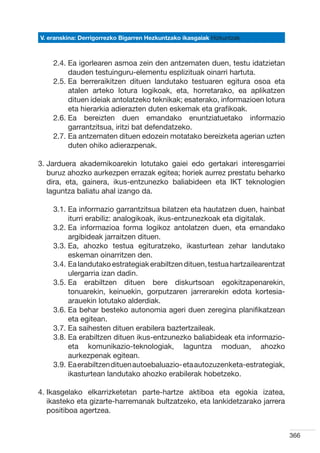 V. eranskina: Derrigorrezko Bigarren Hezkuntzako ikasgaiak Hizkuntzak



    2.4.  a igorlearen asmoa zein den antzematen duen, testu idatzietan
         E
         dauden testuinguru-elementu esplizituak oinarri hartuta.
    2.5.  a berreraikitzen dituen landutako testuaren egitura osoa eta
         E
         atalen arteko lotura logikoak, eta, horretarako, ea aplikatzen
         dituen ideiak antolatzeko teknikak; esaterako, informazioen lotura
         eta hierarkia adierazten duten eskemak eta grafikoak.
    2.6.  a bereizten duen emandako enuntziatuetako informazio
         E
         garrantzitsua, iritzi bat defendatzeko.
    2.7.  a antzematen dituen edozein motatako bereizketa agerian uzten
         E
         duten ohiko adierazpenak.

3.  arduera akademikoarekin lotutako gaiei edo gertakari interesgarriei
   J
   buruz ahozko aurkezpen errazak egitea; horiek aurrez prestatu beharko
   dira, eta, gainera, ikus-entzunezko baliabideen eta IKT teknologien
   laguntza baliatu ahal izango da.

    3.1.  a informazio garrantzitsua bilatzen eta hautatzen duen, hainbat
         E
         iturri erabiliz: analogikoak, ikus-entzunezkoak eta digitalak.
    3.2.  a informazioa forma logikoz antolatzen duen, eta emandako
         E
         argibideak jarraitzen dituen.
    3.3.  a, ahozko testua egituratzeko, ikasturtean zehar landutako
         E
         eskeman oinarritzen den.
    3.4.  a landutako estrategiak erabiltzen dituen, testua hartzailearentzat
         E
         ulergarria izan dadin.
    3.5.  a erabiltzen dituen bere diskurtsoan egokitzapenarekin,
         E
         tonuarekin, keinuekin, gorputzaren jarrerarekin edota kortesia-
         arauekin lotutako alderdiak.
    3.6.  a behar besteko autonomia ageri duen zeregina planifikatzean
         E
         eta egitean.
    3.7.  a saihesten dituen erabilera baztertzaileak.
         E
    3.8.  a erabiltzen dituen ikus-entzunezko baliabideak eta informazio-
         E
         eta komunikazio-teknologiak, laguntza moduan, ahozko
         aurkezpenak egitean.
    3.9.  a erabiltzen dituen autoebaluazio- eta autozuzenketa-estrategiak,
         E
         ikasturtean landutako ahozko erabilerak hobetzeko.

4. kasgelako elkarrizketetan parte-hartze aktiboa eta egokia izatea,
   I
   ikasteko eta gizarte-harremanak bultzatzeko, eta lankidetzarako jarrera
   positiboa agertzea.  


                                                                                 366
 