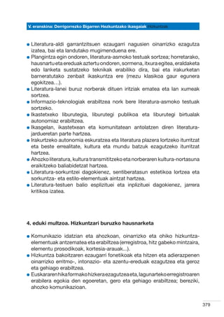 V. eranskina: Derrigorrezko Bigarren Hezkuntzako ikasgaiak Hizkuntzak



l  iteratura-aldi
  L                garrantzitsuen ezaugarri nagusien oinarrizko ezagutza
  izatea, bai eta landutako mugimenduena ere.
l  langintza egin ondoren, literatura-asmoko testuak sortzea; horretarako,
  P
  hausnartu eta ereduak aztertu ondoren, sormena, itxura egitea, eraldaketa
  edo lanketa sustatzeko teknikak erabiliko dira, bai eta irakurketan
  barneratutako zenbait ikaskuntza ere (mezu klasikoa gaur egunera
  egokitzea…).
l  iteratura-lanei buruz norberak dituen iritziak ematea eta lan xumeak
  L
  sortzea.
l nformazio-teknologiak erabiltzea nork bere literatura-asmoko testuak
  I
  sortzeko.
l kastetxeko liburutegia, liburutegi publikoa eta liburutegi birtualak
  I
  autonomiaz erabiltzea.
l kasgelan, ikastetxean eta komunitatean antolatzen diren literatura-
  I
  jardueretan parte hartzea.
l rakurtzeko autonomia eskuratzea eta literatura plazera lortzeko iturritzat
  I
  eta beste errealitate, kultura eta mundu batzuk ezagutzeko iturritzat
  hartzea.
l  hozko literatura, kultura transmititzeko eta norberaren kultura-nortasuna
  A
  eraikitzeko baliabidetzat hartzea.
l  iteratura-sorkuntzei dagokienez, sentiberatasun estetikoa lortzea eta
  L
  sorkuntza- eta estilo-elementuak aintzat hartzea.
l  iteratura-testuen balio esplizituei eta inplizituei dagokienez, jarrera
  L
  kritikoa izatea.




4. eduki multzoa. Hizkuntzari buruzko hausnarketa

l  omunikazio
  K               idatzian eta ahozkoan, oinarrizko eta ohiko hizkuntza-
  elementuak antzematea eta erabiltzea (erregistroa, hitz gabeko mintzaira,
  elementu prosodikoak, kortesia-arauak...).
l  izkuntza bakoitzaren ezaugarri fonetikoak eta hitzen eta adierazpenen
  H
  oinarrizko erritmo-, intonazio- eta azentu-ereduak ezagutzea eta geroz
  eta gehiago erabiltzea.
l  uskararen hika formako hizkera ezagutzea eta, lagunarteko erregistroaren
  E
  erabilera egokia den egoeretan, gero eta gehiago erabiltzea; bereziki,
  ahozko komunikazioan.


                                                                                379
 