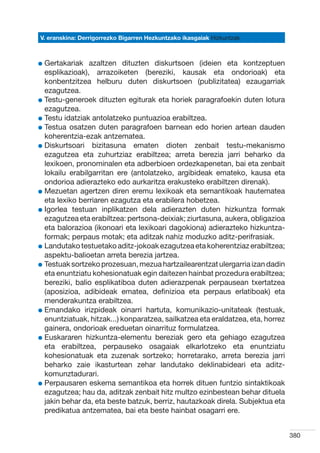 V. eranskina: Derrigorrezko Bigarren Hezkuntzako ikasgaiak Hizkuntzak



l  ertakariak
  G              azaltzen dituzten diskurtsoen (ideien eta kontzeptuen
  esplikazioak), arrazoiketen (bereziki, kausak eta ondorioak) eta
  konbentzitzea helburu duten diskurtsoen (publizitatea) ezaugarriak
  ezagutzea.
l  estu-generoek dituzten egiturak eta horiek paragrafoekin duten lotura
  T
  ezagutzea.
l  estu idatziak antolatzeko puntuazioa erabiltzea.
  T
l  estua osatzen duten paragrafoen barnean edo horien artean dauden
  T
  koherentzia-ezak antzematea.
l  iskurtsoari bizitasuna ematen dioten zenbait testu-mekanismo
  D
  ezagutzea eta zuhurtziaz erabiltzea; arreta berezia jarri beharko da
  lexikoen, pronominalen eta adberbioen ordezkapenetan, bai eta zenbait
  lokailu erabilgarritan ere (antolatzeko, argibideak emateko, kausa eta
  ondorioa adierazteko edo aurkaritza erakusteko erabiltzen direnak).
l  ezuetan agertzen diren eremu lexikoak eta semantikoak hautematea
  M
  eta lexiko berriaren ezagutza eta erabilera hobetzea.
l gorlea testuan inplikatzen dela adierazten duten hizkuntza formak
  I
  ezagutzea eta erabiltzea: pertsona-deixiak; ziurtasuna, aukera, obligazioa
  eta balorazioa (ikonoari eta lexikoari dagokiona) adierazteko hizkuntza-
  formak; perpaus motak; eta aditzak nahiz moduzko aditz-perifrasiak.
l  andutako testuetako aditz-jokoak ezagutzea eta koherentziaz erabiltzea;
  L
  aspektu-balioetan arreta berezia jartzea.
l  estuak sortzeko prozesuan, mezua hartzailearentzat ulergarria izan dadin
  T
  eta enuntziatu kohesionatuak egin daitezen hainbat prozedura erabiltzea;
  bereziki, balio esplikatiboa duten adierazpenak perpausean txertatzea
  (aposizioa, adibideak ematea, definizioa eta perpaus erlatiboak) eta
  menderakuntza erabiltzea.
l  mandako irizpideak oinarri hartuta, komunikazio-unitateak (testuak,
  E
  enuntziatuak, hitzak...) konparatzea, sailkatzea eta eraldatzea, eta, horrez
  gainera, ondorioak ereduetan oinarrituz formulatzea.
l  uskararen hizkuntza-elementu bereziak gero eta gehiago ezagutzea
  E
  eta erabiltzea, perpauseko osagaiak elkarlotzeko eta enuntziatu
  kohesionatuak eta zuzenak sortzeko; horretarako, arreta berezia jarri
  beharko zaie ikasturtean zehar landutako deklinabideari eta aditz-
  komunztadurari.
l  erpausaren eskema semantikoa eta horrek dituen funtzio sintaktikoak
  P
  ezagutzea; hau da, aditzak zenbait hitz multzo ezinbestean behar dituela
  jakin behar da, eta beste batzuk, berriz, hautazkoak direla. Subjektua eta
  predikatua antzematea, bai eta beste hainbat osagarri ere.


                                                                                 380
 
