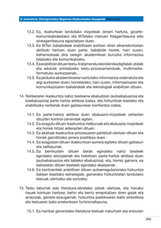 V. eranskina: Derrigorrezko Bigarren Hezkuntzako ikasgaiak Hizkuntzak



    13.2.  a, ikasturtean landutako irizpideak oinarri hartuta, gizarte-
          E
          komunikabideetako eta IKTetako mezuen fidagarritasuna edo
          sinesgarritasuna egiaztatzen duen.
    13.3.  a IKTen baliabideak erabiltzean sortzen diren elkarrekintzetan
          E
          aktiboki hartzen duen parte; baliabide horiek, hain zuzen,
          beharrezkoak dira zeregin akademikoei buruzko informazioa
          bilatzeko eta komunikatzeko.
    13.4.  a erabiltzen dituen testu-tratamendurako teknika digitalak: atalak
          E
          eta edukiak antolatzeko testu-prozesamenduak, multimedia-
          formatuko aurkezpenak...
    13.5.  a jarduera akademikoetan sortutako informazioa ordenatuta eta
          E
          argi aurkezten duen; horretarako, hain zuzen, informazioaren eta
          komunikazioaren baliabideak eta teknologiak erabiltzen dituen.

14.  orberaren ikaskuntza nahiz besteena ebaluatzen (autoebaluazioa eta
    N
    koebaluazioa) parte hartze aktiboa izatea, eta hizkuntzak ikasteko eta
    erabiltzeko norberak duen gaitasunean konfiantza izatea.

    14.1.  a parte-hartze aktiboa duen ebaluazio-irizpideak zehazten
          E
          dituzten kontrol-zerrendak egiten.
    14.2.  a ezagutu dituen ikaskuntza-helburuak eta ebaluazio-irizpideak
          E
          eta horiek hitzez adierazten dituen.
    14.3.  a akatsak ikaskuntza-prozesuaren partetzat ulertzen dituen eta
          E
          horiek gainditzeko jarrera positiboa duen.
    14.4.  a ezagutzen dituen ikaskuntzan aurrera egiteko dituen gaitasun
          E
          eta zailtasunak.
    14.5.  a berrikusten dituen berak egindako nahiz besteek
          E
          egindako ekoizpenak eta hobetzen parte-hartze aktiboa duen
          (autoebaluazioa eta taldeko ebaluazioa), eta, horrez gainera, ea
          balioesten dituen besteek egindako ekarpenak.  
    14.6.  a kontzienteki erabiltzen dituen autoerregulaziorako hizkuntza
          E
          batean ikasitako estrategiak, gainerako hizkuntzetan landutako
          testuak ulertzeko eta sortzeko.

15.  estu laburrak edo literatura-obretako zatiak ulertzea, eta honako
    T
    hauek kontuan hartzea: behin eta berriz errepikatzen diren gaiak eta
    arrazoiak, genero-ezaugarriak, hizkuntza poetikoaren balio sinbolikoa
    eta testuaren balio erretorikoen funtzionaltasuna.

    15.1.  a hainbat generotako literatura-testuak irakurtzen eta entzuten
          E

                                                                                 390
 