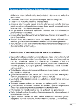 V. eranskina: Derrigorrezko Bigarren Hezkuntzako ikasgaiak Hizkuntzak



  aktibatzea, beste hizkuntzetako ahozko testuen ulermena eta sorkuntza
  bultzatzeko.
l Landutako ahozko testuen genero-ezaugarri bereziak ezagutzea.
  
l Solaskideen hizkuntza-erabilera errespetatzea.
  
l Ahoskera eta intonazio egokia erabiliz adierazpenak egiteko interesa
  
  agertzea; gainera, elkarrizketa zuzentzen duten arauak errespetatzea eta
  gizarteko komunikazio-arauak aplikatzea.
l Era guztietako aurreiritziak inpliziturik dauden hizkuntza-erabileretan
  
  jarrera kritikoak bultzatzea.
l Ahozko elkarrizketetan euskara erabiltzeari dagokionez, jarrera positiboa
  
  eta aktiboa izatea.
l Konbentzitzea helburu duten mezuei dagokienez, jarrera kritikoa izatea;
  
  bereziki, gizarte-komunikabideetatik eratorritako mezuei dagokienez.
l Hizkuntzaren ahozko erabilera menderatzeak norbanakoan eta gizartean
  
  duen garrantzia aintzat hartzea.


2. eduki multzoa. Komunikazio idatzia: irakurtzea eta idaztea.

l Eguneroko bizitzako, gizarte-harremanetako eta ikasle-interesetatik hurbil
  
  dauden komunikabideetako testu idatziak ulertzea eta interpretatzea
  (hau da, argudioak, ideien eta informazioen azalpenak...), bai eta
  administraziokoak (administraziorako gutunak, instantziak, curriculumak,
  eskaera-gutunak, aurkezpen-gutunak, formularioak) nahiz ikasketa-
  eremukoak ere.
l Testu idatzien edukia aztertzeko argibideak jarraitzea: taulak, sinoptikoak,
  
  diagramak eta eskemak.
l Igorlearen asmoa zein den jakitea, testu idatzietan dauden testuinguru-
  
  elementuak (esplizituak eta inplizituak) kontuan hartuta.
l Landutako testu idatzien egitura osoa eta horien atalen lotura logikoak
  
  berreraikitzea.
l Testuaren esanahi orokorra antzematea eta ideia nagusiak bereiztea.
  
l Igorlearen tesia eta ideien defentsa antzematea, gauzen zergatia edo
  
  arrazoiketa edota argumentuak azaltzen dituzten testuetan.
l Informazioa eta iritzia bereiztea, bai eta gertaerak eta gezurrak ere.  
  
l Hizkuntzakoak ez diren elementuen (ikonoak, ezaugarri ortotipografikoak...)
  
  esanahia interpretatzea.
l Egileak helburu zehatz bat lortu nahian erabilitako testu-ezaugarriak
  
  (tipografia, espazio-banaketa, modalizatzaileak, lexikoa...) hautematea.


                                                                                 395
 