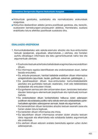 V. eranskina: Derrigorrezko Bigarren Hezkuntzako ikasgaiak Hizkuntzak



l Hizkuntzak
               garatzeko, sustatzeko eta normalizatzeko erakundeak
  ezagutzea.
l Hizkuntza desberdinen aldeko jarrera positiboak garatzea, eta, bereziki,
  
  euskararen berreskurapen-prozesuaren aldekoa. Horretarako, euskara
  erabiltzeko lotura afektibo positiboak sustatuko dira.




Ebaluazio-irizpideak

1.  omunikabideetako edo eskola-eremuko ahozko eta ikus-entzunezko
   K
   testuak (azalpenak, argudioak, elkarrizketak...) ulertzea, eta horietan
   aurkitu ditzakegun informazio eta datu garrantzitsuenak nahiz tesi eta
   argumentuak ulertzea.

    •  a ahozko testuak aztertzeko baliabideak eraginkortasunez erabiltzen
      E
      dituen.
    •  a informazio egokia identifikatzen eta ondorioztatzen duen, behar
      E
      bezala entzuteko.
    •  a, entzute-prozesuan, hainbat baliabide erabiltzen dituen informazioa
      E
      erregistratzeko (apunteak, taulak, grafikoak, eskemak, galdetegiak...).
    •  a parafraseatzen dituen ikus-entzunezko komunikabideetatik
      E
      jasotako era guztietako testuak; esaterako, irrati edo telebistetako
      eztabaidak eta entzuleen iritziak.
    •  a igorlearen asmoa zein den antzematen duen, landutako testuetan
      E
      dauden testuinguru-elementuak (esplizituak eta inplizituak) kontuan
      hartuta.
    •  a ondorioztatzen dituen konbentzitzeko helburua duten adierazpen
      E
      publikoen eta eztabaida publiko nahiz eskola-eremuko eztabaidetako parte-
      hartzaileek egindako adierazpenen asmoak, tesiak eta argumentuak.
    •  a berreraikitzen dituen landutako ahozko testuen esanahi osoa eta
      E
      horien atalen lotura logikoak.
    •  a bereizten dituen informazioa eta iritzia.
      E
    •  a laburbiltzen dituen informazioa ematen duten ahozko testuen
      E
      ideia nagusiak eta elkarrizketa edo eztabaida bateko argumentuak
      eta ondorioak.
    •  a ulertzen dituen edozein eratako bereizketa agerian uzten duten
      E
      adierazpenak.


                                                                                  402
 