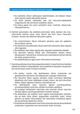 V. eranskina: Derrigorrezko Bigarren Hezkuntzako ikasgaiak Hizkuntzak



    •  a saihesten dituen adierazpen baztertzaileak, eta bilatzen dituen
      E
      hizkuntzazko beste alternatiba batzuk.
    •  a estilo propioz adierazten den, eta hizkuntza-baliabideak
      E
      malgutasunez eta sormenez erabiltzen dituen.
    •  a testua egoki eta zuzen aurkezten duen: marjinak, idazpuruak,
      E
      irakurgarritasuna...

6.  ainbat generotako eta erabilera-eremutako testu idatzien eta ikus-
   H
   entzunezko testuen eduki osoa irakurri eta horri buruz hausnartu
   ondoren, ahozko eta idatzizko laburpena egitea.

    •  a ondorioztatzen dituen testuaren generoa, gaia eta egilearen
      E
      komunikazio-asmoa.
    •  a antzeman eta adierazten dituen jatorrizko testuaren ideia nagusia
      E
      edo nagusiak.
    •  a erabiltzen duen ideia nagusia edo nagusiak arrazoitzeko esaldirik.
      E
    •  a jatorrizko testuko ideiak edo informazioak sartzen dituen
      E
      laburpenean, koherentzia, kohesioa eta zuzentasuna aintzat hartuta
      eta estilo propioa landuz.
    •  a objektibotasuna ageri duen informazioa birsortzean.
      E

7.  oziolinguistikako oinarrizko ezagutzak erabiliz, Euskal Herriko errealitate
   S
   elebiduna kritikoki interpretatzea, eta euskalkiek euskararen iraupenean
   eta transmisioan duten funtzioa onartzea.

    •  a azaldu, narratu edo deskribatzen dituen euskararen eta
      E
      gaztelaniaren jatorriaren eta bilakaeraren ezaugarri behinenak.
    •  a hizkuntza baten egoera zehazten duten oinarrizko faktoreak
      E
      deskribatu eta horien adibideak ematen dituen, bai eta hizkuntzen
      arteko ukipen-egoeren ondorioz sortutakoak ere.
    •  a deskribatzen duen inguruko egoera soziolinguistikoa,
      E
      soziolinguistikako oinarrizko zenbait kontzeptu aplikatuz.
    •  a ikuspegi kritikoarekin irakurtzen edo entzuten dituen inguruko
      E
      hainbat egoera soziolinguistikorekin lotutako testuak.
    •  a ebaluatzen eta azaltzen duen egoera soziolinguistiko zehatzik,
      E
      eta ea bere iritzia dituen ezagutzetan oinarritzen duen; horrez
      gainera, ea beste hizkuntzekiko eta hiztunekiko errespetua agertu
      eta aurreiritziak baztertzen dituen.
    •  a aztertzen eta balioesten duen hizkuntza estandarrak eta euskalkiek
      E
      euskararen iraupenean eta transmisioan duten funtzioa.

                                                                                   406
 