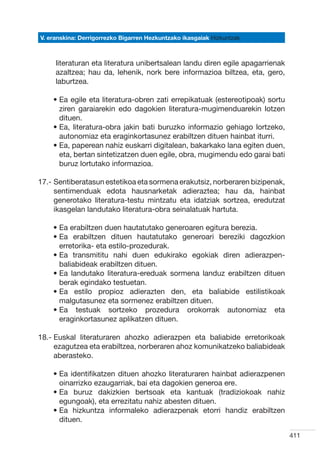 V. eranskina: Derrigorrezko Bigarren Hezkuntzako ikasgaiak Hizkuntzak



     literaturan eta literatura unibertsalean landu diren egile apagarrienak
     azaltzea; hau da, lehenik, nork bere informazioa biltzea, eta, gero,
     laburtzea.

    •  a egile eta literatura-obren zati errepikatuak (estereotipoak) sortu
      E
      ziren garaiarekin edo dagokien literatura-mugimenduarekin lotzen
      dituen.
    •  a, literatura-obra jakin bati buruzko informazio gehiago lortzeko,
      E
      autonomiaz eta eraginkortasunez erabiltzen dituen hainbat iturri.
    •  a, paperean nahiz euskarri digitalean, bakarkako lana egiten duen,
      E
      eta, bertan sintetizatzen duen egile, obra, mugimendu edo garai bati
      buruz lortutako informazioa.

17.-  entiberatasun estetikoa eta sormena erakutsiz, norberaren bizipenak,
     S
     sentimenduak edota hausnarketak adieraztea; hau da, hainbat
     generotako literatura-testu mintzatu eta idatziak sortzea, eredutzat
     ikasgelan landutako literatura-obra seinalatuak hartuta.

    •  a erabiltzen duen hautatutako generoaren egitura berezia.
      E
    •  a erabiltzen dituen hautatutako generoari bereziki dagozkion
      E
      erretorika- eta estilo-prozedurak.
    •  a transmititu nahi duen edukirako egokiak diren adierazpen-
      E
      baliabideak erabiltzen dituen.
    •  a landutako literatura-ereduak sormena landuz erabiltzen dituen
      E
      berak egindako testuetan.
    •  a estilo propioz adierazten den, eta baliabide estilistikoak
      E
      malgutasunez eta sormenez erabiltzen dituen.
    •  a testuak sortzeko prozedura orokorrak autonomiaz eta
      E
      eraginkortasunez aplikatzen dituen.

18.-  uskal literaturaren ahozko adierazpen eta baliabide erretorikoak
     E
     ezagutzea eta erabiltzea, norberaren ahoz komunikatzeko baliabideak
     aberasteko.

    •  a identifikatzen dituen ahozko literaturaren hainbat adierazpenen
      E
      oinarrizko ezaugarriak, bai eta dagokien generoa ere.
    •  a buruz dakizkien bertsoak eta kantuak (tradiziokoak nahiz
      E
      egungoak), eta errezitatu nahiz abesten dituen.
    •  a hizkuntza informaleko adierazpenak etorri handiz erabiltzen
      E
      dituen.

                                                                               411
 
