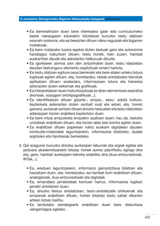 V. eranskina: Derrigorrezko Bigarren Hezkuntzako ikasgaiak Hizkuntzak



    •  a berreraikitzen duen bere intereseko gaiei edo curriculumeko
      E
      beste irakasgaien edukiekin lotutakoei buruzko testu idatzien
      esanahi orokorra, eta ea bereizten dituen ideia nagusiak eta bigarren
      mailakoak.
    •  a bere mailarako luzera egokia duten testuak gero eta autonomia
      E
      handiagoz irakurtzen dituen; testu horiek, hain zuzen, hainbat
      euskarritan daude eta askotariko helburuak dituzte.
    •  a igorlearen asmoa zein den antzematen duen, testu idatzietan
      E
      dauden testuinguru-elementu esplizituak oinarri hartuta.
    •  a testu idatzien egitura osoa berreraiki eta bere atalen arteko lotura
      E
      logikoak egiten dituen, eta, horretarako, ideiak antolatzeko teknikak
      aplikatzen dituen; esaterako, informazioen lotura eta hierarkia
      adierazten duten eskemak eta grafikoak.
    •  a interpretatzen duen hizkuntzazkoak ez diren elementuen esanahia
      E
      (ikonoak, ezaugarri ortotipografikoak...).
    •  a identifikatzen dituen gizarte-, arraza-, sexu- edota kultura-
      E
      bazterketa adierazten duten zenbait irudi eta eduki, eta, horrez
      gainera, ea berak sortzen dituen ahozko testuetan eta testu idatzietan
      adierazpen horien erabilera baztertzen duen.
    •  a bere iritzia arrazoiketa errazekin azaltzen duen; hau da, testuko
      E
      unitateak erabiltzen dituen, eta horien alde edo kontra egiten duen.
    •  a erabiltzen dituen paperean nahiz euskarri digitalean dauden
      E
      kontsulta-materialak laguntzarekin, informazioa bilatzeko, dudak
      argitzeko eta hipotesiak berresteko.

3.  ai ezagunei buruzko ahozko aurkezpen laburrak eta argiak egitea eta
   G
   jarduera akademikoarekin lotzea; horiek aurrez planifikatu egingo dira
   eta, gero, hainbat aurkezpen-teknika erabiliko dira (ikus-entzunezkoak,
   IKTak...).

    •  a, ereduen laguntzarekin, informazio garrantzitsua bilatzen eta
      E
      hautatzen duen, eta, horretarako, ea hainbat iturri erabiltzen dituen:
      analogikoak, ikus-entzunezkoak eta digitalak.
    •  a, emandako jarraibideak kontuan hartuz, informazioa logikari
      E
      jarraiki antolatzen duen.
    •  a, ahozko testua antolatzean, testu-antolatzaile ohikoenak eta
      E
      errazenak erabiltzen dituen, horien bitartez testu zatiak elkarren
      artean lotzen baititu.
    •  a landutako estrategiarik erabiltzen duen bere diskurtsoa
      E
      ulergarriagoa egiteko.

                                                                                 422
 