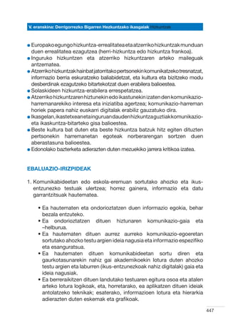 V. eranskina: Derrigorrezko Bigarren Hezkuntzako ikasgaiak Hizkuntzak



l Europako egungo hizkuntza-errealitatea eta atzerriko hizkuntzak munduan
  
  duen errealitatea ezagutzea (herri-hizkuntza edo hizkuntza frankoa).
l Inguruko hizkuntzen eta atzerriko hizkuntzaren arteko maileguak
  
  antzematea.
l Atzerriko hizkuntzak hainbat jatorritako pertsonekin komunikatzeko tresnatzat,
  
  informazio berria eskuratzeko baliabidetzat, eta kultura eta bizitzeko modu
  desberdinak ezagutzeko bitartekotzat duen erabilera balioestea.
l Solaskideen hizkuntza-erabilera errespetatzea.
  
l Atzerriko hizkuntzaren hiztunekin edo ikastunekin izaten den komunikazio-
  
  harremanarekiko interesa eta iniziatiba agertzea; komunikazio-harreman
  horiek papera nahiz euskarri digitalak erabiliz gauzatuko dira.
l Ikasgelan, ikastetxean eta inguruan dauden hizkuntza guztiak komunikazio-
  
  eta ikaskuntza-bitarteko gisa balioestea.
l Beste kultura bat duten eta beste hizkuntza batzuk hitz egiten dituzten
  
  pertsonekin harremanetan egoteak norberarengan sortzen duen
  aberastasuna balioestea.
l Edonolako bazterketa adierazten duten mezuekiko jarrera kritikoa izatea.
  




Ebaluazio-irizpideak

1.  omunikabideetan edo eskola-eremuan sortutako ahozko eta ikus-
   K
   entzunezko testuak ulertzea; horrez gainera, informazio eta datu
   garrantzitsuak hautematea.

    •  a hautematen eta ondorioztatzen duen informazio egokia, behar
      E
      bezala entzuteko.
    •  a ondorioztatzen dituen hiztunaren komunikazio-gaia eta
      E
      –helburua.
    •  a hautematen dituen aurrez aurreko komunikazio-egoeretan
      E
      sortutako ahozko testu argien ideia nagusia eta informazio espezifiko
      eta esanguratsua.
    •  a hautematen dituen komunikabideetan sortu diren eta
      E
      gaurkotasunarekin nahiz gai akademikoekin lotura duten ahozko
      testu argien eta laburren (ikus-entzunezkoak nahiz digitalak) gaia eta
      ideia nagusiak.
    •  a berreraikitzen dituen landutako testuaren egitura osoa eta atalen
      E
      arteko lotura logikoak, eta, horretarako, ea aplikatzen dituen ideiak
      antolatzeko teknikak; esaterako, informazioen lotura eta hierarkia
      adierazten duten eskemak eta grafikoak.

                                                                                   447
 