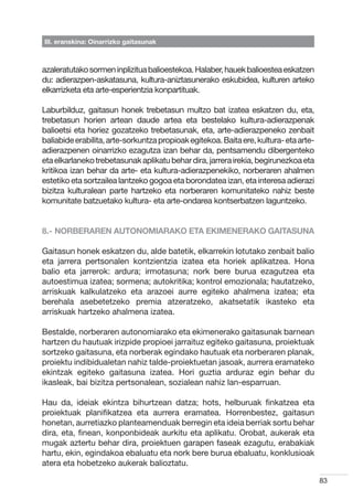 III. eranskina: Oinarrizko gaitasunak



azaleratutako sormen inplizitua balioestekoa. Halaber, hauek balioestea eskatzen
du: adierazpen-askatasuna, kultura-aniztasunerako eskubidea, kulturen arteko
elkarrizketa eta arte-esperientzia konpartituak.

Laburbilduz, gaitasun honek trebetasun multzo bat izatea eskatzen du, eta,
trebetasun horien artean daude artea eta bestelako kultura-adierazpenak
balioetsi eta horiez gozatzeko trebetasunak, eta, arte-adierazpeneko zenbait
baliabide erabilita, arte-sorkuntza propioak egitekoa. Baita ere, kultura- eta arte-
adierazpenen oinarrizko ezagutza izan behar da, pentsamendu dibergenteko
eta elkarlaneko trebetasunak aplikatu behar dira, jarrera irekia, begirunezkoa eta
kritikoa izan behar da arte- eta kultura-adierazpenekiko, norberaren ahalmen
estetiko eta sortzailea lantzeko gogoa eta borondatea izan, eta interesa adierazi
bizitza kulturalean parte hartzeko eta norberaren komunitateko nahiz beste
komunitate batzuetako kultura- eta arte-ondarea kontserbatzen laguntzeko.


8.- NORBERAREN AUTONOMIARAKO ETA EKIMENERAKO GAITASUNA

Gaitasun honek eskatzen du, alde batetik, elkarrekin lotutako zenbait balio
eta jarrera pertsonalen kontzientzia izatea eta horiek aplikatzea. Hona
balio eta jarrerok: ardura; irmotasuna; nork bere burua ezagutzea eta
autoestimua izatea; sormena; autokritika; kontrol emozionala; hautatzeko,
arriskuak kalkulatzeko eta arazoei aurre egiteko ahalmena izatea; eta
berehala asebetetzeko premia atzeratzeko, akatsetatik ikasteko eta
arriskuak hartzeko ahalmena izatea.

Bestalde, norberaren autonomiarako eta ekimenerako gaitasunak barnean
hartzen du hautuak irizpide propioei jarraituz egiteko gaitasuna, proiektuak
sortzeko gaitasuna, eta norberak egindako hautuak eta norberaren planak,
proiektu indibidualetan nahiz talde-proiektuetan jasoak, aurrera eramateko
ekintzak egiteko gaitasuna izatea. Hori guztia arduraz egin behar du
ikasleak, bai bizitza pertsonalean, sozialean nahiz lan-esparruan.

Hau da, ideiak ekintza bihurtzean datza; hots, helburuak finkatzea eta
proiektuak planifikatzea eta aurrera eramatea. Horrenbestez, gaitasun
honetan, aurretiazko planteamenduak berregin eta ideia berriak sortu behar
dira, eta, finean, konponbideak aurkitu eta aplikatu. Orobat, aukerak eta
mugak aztertu behar dira, proiektuen garapen faseak ezagutu, erabakiak
hartu, ekin, egindakoa ebaluatu eta nork bere burua ebaluatu, konklusioak
atera eta hobetzeko aukerak balioztatu.

                                                                                       83
 