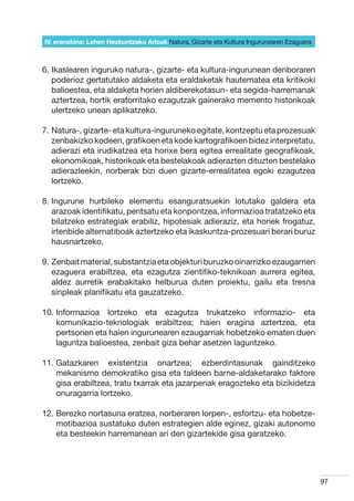 IV. eranskina: Lehen Hezkuntzako Arloak Natura, Gizarte eta Kultura Ingurunearen Ezaguera



6. kaslearen inguruko natura-, gizarte- eta kultura-ingurunean denboraren
   I
   poderioz gertatutako aldaketa eta eraldaketak hautematea eta kritikoki
   balioestea, eta aldaketa horien aldiberekotasun- eta segida-harremanak
   aztertzea, hortik eratorritako ezagutzak gainerako memento historikoak
   ulertzeko unean aplikatzeko.

7.  atura-, gizarte- eta kultura-inguruneko egitate, kontzeptu eta prozesuak
   N
   zenbakizko kodeen, grafikoen eta kode kartografikoen bidez interpretatu,
   adierazi eta irudikatzea eta horixe bera egitea errealitate geografikoak,
   ekonomikoak, historikoak eta bestelakoak adierazten dituzten bestelako
   adierazleekin, norberak bizi duen gizarte-errealitatea egoki ezagutzea
   lortzeko.

8. ngurune hurbileko elementu esanguratsuekin lotutako galdera eta
   I
   arazoak identifikatu, pentsatu eta konpontzea, informazioa tratatzeko eta
   bilatzeko estrategiak erabiliz, hipotesiak adieraziz, eta horiek frogatuz,
   irtenbide alternatiboak aztertzeko eta ikaskuntza-prozesuari berari buruz
   hausnartzeko.

9.  enbait material, substantzia eta objekturi buruzko oinarrizko ezaugarrien
   Z
   ezaguera erabiltzea, eta ezagutza zientifiko-teknikoan aurrera egitea,
   aldez aurretik erabakitako helburua duten proiektu, gailu eta tresna
   sinpleak planifikatu eta gauzatzeko.

10. nformazioa lortzeko eta ezagutza trukatzeko informazio- eta
    I
    komunikazio-teknologiak erabiltzea; haien eragina aztertzea, eta
    pertsonen eta haien ingurunearen ezaugarriak hobetzeko ematen duen
    laguntza balioestea, zenbait giza behar asetzen laguntzeko.

11.  atazkaren existentzia onartzea; ezberdintasunak gainditzeko
    G
    mekanismo demokratiko gisa eta taldeen barne-aldaketarako faktore
    gisa erabiltzea, tratu txarrak eta jazarpenak eragozteko eta bizikidetza
    onuragarria lortzeko.

12.  erezko nortasuna eratzea, norberaren lorpen-, esfortzu- eta hobetze-
    B
    motibazioa sustatuko duten estrategien alde eginez, gizaki autonomo
    eta besteekin harremanean ari den gizartekide gisa garatzeko.




                                                                                            97
 