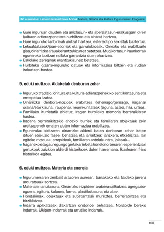 IV. eranskina: Lehen Hezkuntzako Arloak Natura, Gizarte eta Kultura Ingurunearen Ezaguera



l  ure
  G     inguruan dauden eta aniztasun- eta aberastasun-erakusgarri diren
  kulturen adierazpenetara hurbiltzea eta aintzat hartzea.
l  ure inguruko lanbideak aintzat hartzea, estereotipo sexistak baztertuz.
  G
l  ekualdatzeak/joan-etorriak eta garraiobideak. Oinezko eta erabiltzaile
  L
  gisa, oinarrizko arauak erantzukizunez betetzea. Mugikortasun iraunkorrak
  eguneroko bizitzan nolako garrantzia duen ohartzea.
l  skolako zereginak erantzukizunez betetzea.
  E
l  urbileko gizarte-inguruko datuak eta informazioa biltzen eta irudiak
  H
  irakurtzen hastea.


5. eduki multzoa. Aldaketak denboran zehar

l nguruko
  I         tradizio, ohitura eta kultura-adierazpenekiko sentikortasuna eta
  errespetua izatea.
l  inarrizko denbora-nozioak erabiltzea (lehenago/geroago, iragana/
  O
  oraina/etorkizuna, iraupena), neurri-unitateak (eguna, astea, hila, urtea).
l  amiliako iturrietatik abiatuz, iragan hurbileko memoria berreraikitzen
  F
  hastea.
l ragana berreraikitzeko ahozko iturriek eta familiaren objektuek zein
  I
  oroitzapenek ematen duten informazioa erabiltzea.
l  guneroko bizitzaren oinarrizko alderdi batek denboran zehar izaten
  E
  dituen eboluzio faseei behatzea eta jarraitzea: janzkera, etxebizitza, lan
  egiteko moduak, errepideak, familiaren antolakuntza, jolasak...
l raganeko eta gaur egungo gertakariek eta horiek norberaren esperientziari
  I
  gertukoak zaizkion alderdi historikoek duten harremana. Ikaslearen friso
  historikoa egitea.


6. eduki multzoa. Materia eta energia

l ngurumenaren
  I                zenbait arazoren aurrean, banakako eta taldeko jarrera
  arduratsuak sortzea.
l  aterialen aniztasuna. Oinarrizko irizpideen arabera sailkatzea: agregazio-
  M
  egoera, egitura, kolorea, forma, plastikotasuna eta abar.
l  ondakinak, objektuak eta substantziak murriztea, berrerabiltzea eta
  H
  birziklatzea.
l ndarra aplikatzeak dakartzan ondorioei behatzea. Norabide bereko
  I
  indarrak. Ukipen-indarrak eta urrutiko indarrak.


                                                                                            100
 