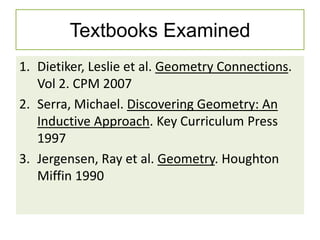 Textbooks Examined
1. Dietiker, Leslie et al. Geometry Connections.
Vol 2. CPM 2007
2. Serra, Michael. Discovering Geometry: An
Inductive Approach. Key Curriculum Press
1997
3. Jergensen, Ray et al. Geometry. Houghton
Miffin 1990
 