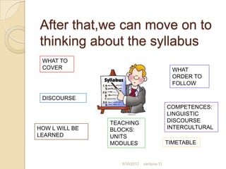 After that,we can move on to
thinking about the syllabus
 WHAT TO
 COVER                                        WHAT
                                              ORDER TO
                                              FOLLOW

 DISCOURSE
                                            COMPETENCES:
                                            LINGUISTIC
                TEACHING                    DISCOURSE
HOW L WILL BE   BLOCKS:                     INTERCULTURAL
LEARNED         UNITS
                MODULES                     TIMETABLE


                   8/30/2012   santyna-12
 