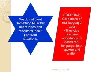 CORPORA:
  We do not creat                 Collections of
something NEW,but                 real labguage
  adapt ideas and                      data
 resources to suit                  •They give
     particular                      teachers
    situations.                   opportunity to
                                    acess real
                                 language: both
                                   spoken and
                                      written



                     8/30/2012   santyna-12
 