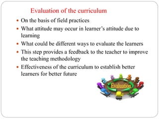 Evaluation of the curriculum
 On the basis of field practices
 What attitude may occur in learner’s attitude due to
learning
 What could be different ways to evaluate the learners
 This step provides a feedback to the teacher to improve
the teaching methodology
 Effectiveness of the curriculum to establish better
learners for better future
 