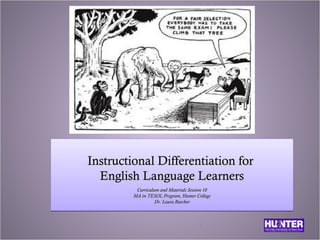 Instructional Differentiation for
  English Language Learners
          Curriculum and Materials Session 10
         MA in TESOL Program, Hunter College
                   Dr. Laura Baecher



                                       1
 