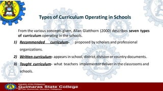 Types of Curriculum Operating in Schools
From the various concepts given, Allan Glatthorn (2000) describes seven types
of curriculum operating in the schools.
1) Recommended curriculum- proposed by scholars and professional
organizations.
2) Written curriculum- appears in school, district,division or country documents.
3) Taught curriculum- what teachers implementordeliver in the classrooms and
schools.
Professor
20/10/2022
 
