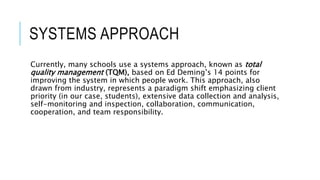 SYSTEMS APPROACH
Currently, many schools use a systems approach, known as total
quality management (TQM), based on Ed Deming’s 14 points for
improving the system in which people work. This approach, also
drawn from industry, represents a paradigm shift emphasizing client
priority (in our case, students), extensive data collection and analysis,
self-monitoring and inspection, collaboration, communication,
cooperation, and team responsibility.
 