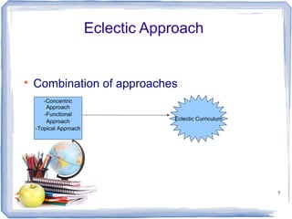 Eclectic Approach



Combination of approaches
-Concentric
Approach
-Functional
Approach
-Topical Approach

Eclectic Curriculum

7

 