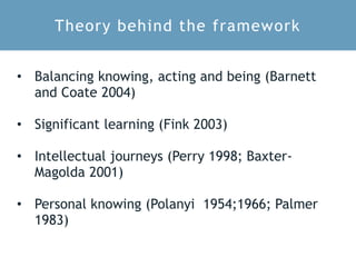 Theory behind the framework
• Balancing knowing, acting and being (Barnett
and Coate 2004)
• Significant learning (Fink 2003)
• Intellectual journeys (Perry 1998; Baxter-
Magolda 2001)
• Personal knowing (Polanyi 1954;1966; Palmer
1983)
 