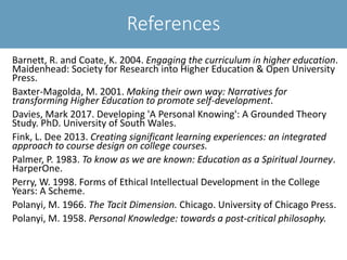 References
Barnett, R. and Coate, K. 2004. Engaging the curriculum in higher education.
Maidenhead: Society for Research into Higher Education & Open University
Press.
Baxter-Magolda, M. 2001. Making their own way: Narratives for
transforming Higher Education to promote self-development.
Davies, Mark 2017. Developing 'A Personal Knowing': A Grounded Theory
Study. PhD. University of South Wales.
Fink, L. Dee 2013. Creating significant learning experiences: an integrated
approach to course design on college courses.
Palmer, P. 1983. To know as we are known: Education as a Spiritual Journey.
HarperOne.
Perry, W. 1998. Forms of Ethical Intellectual Development in the College
Years: A Scheme.
Polanyi, M. 1966. The Tacit Dimension. Chicago. University of Chicago Press.
Polanyi, M. 1958. Personal Knowledge: towards a post-critical philosophy.
 