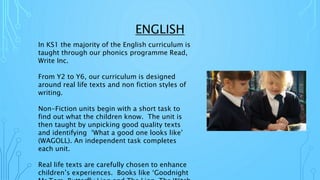 ENGLISH
In KS1 the majority of the English curriculum is
taught through our phonics programme Read,
Write Inc.
From Y2 to Y6, our curriculum is designed
around real life texts and non fiction styles of
writing.
Non-Fiction units begin with a short task to
find out what the children know. The unit is
then taught by unpicking good quality texts
and identifying ‘What a good one looks like’
(WAGOLL). An independent task completes
each unit.
Real life texts are carefully chosen to enhance
children’s experiences. Books like ‘Goodnight
 
